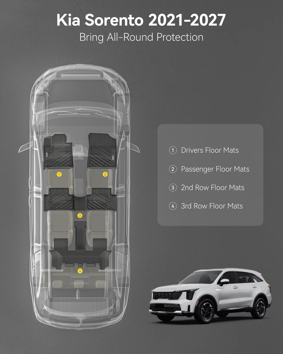 3W Floor Mats Compatible with Kia Sorento 6/7 Seats 2021-2027 (Not Fit for Hybrid & PHEV), TPE All Weather Protection Floor Mats Custom Fit 3 Rows Car Floor Liners Set Car Mats Acessoires, Black