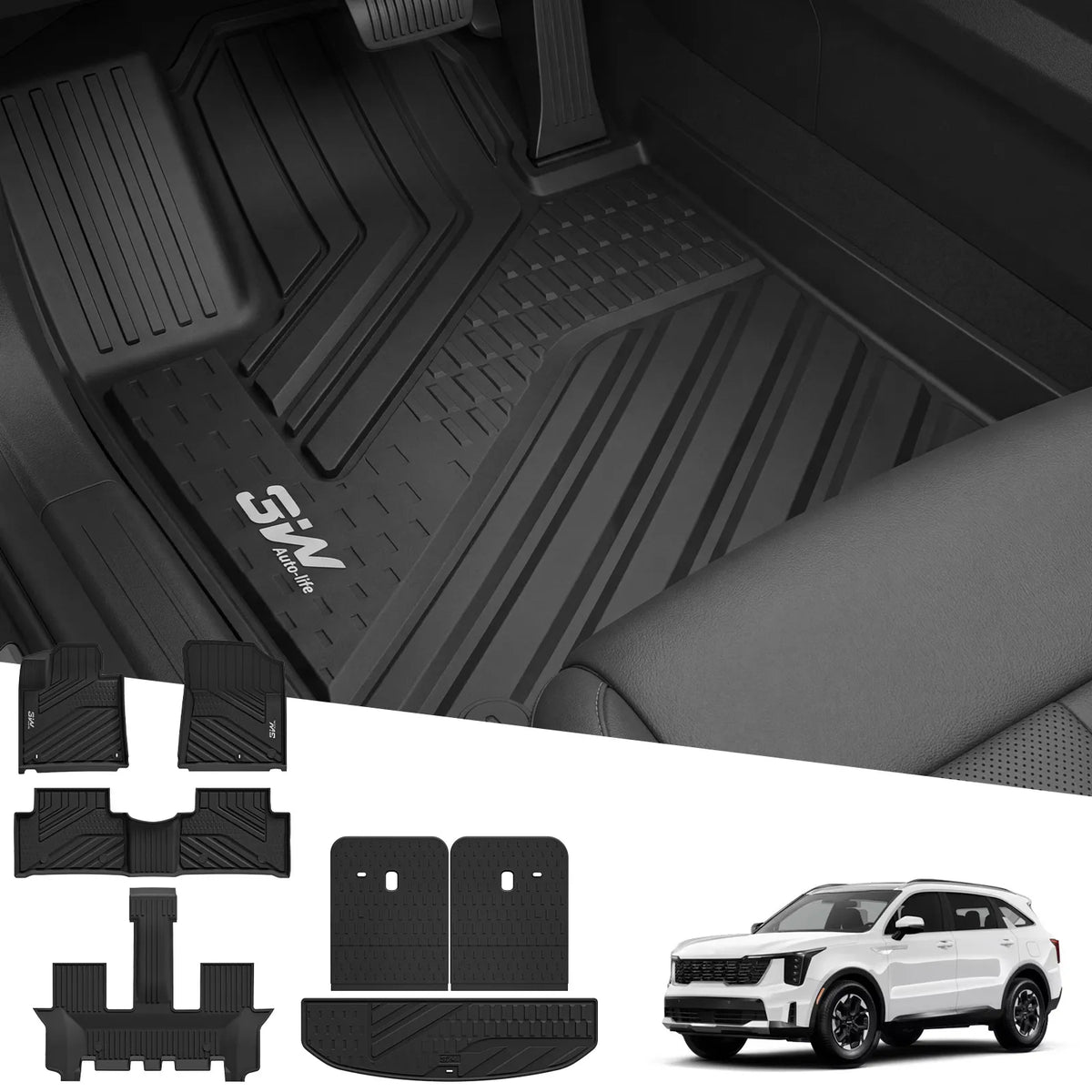 Car Mats & Cargo Liner & Seat Back Protector Set for Kia Sorento 6/7 Seat, All Weather TPE Custom Fit Floor Liners Set, TPE Easy Clean Durable Mats, Car Accessories, Black