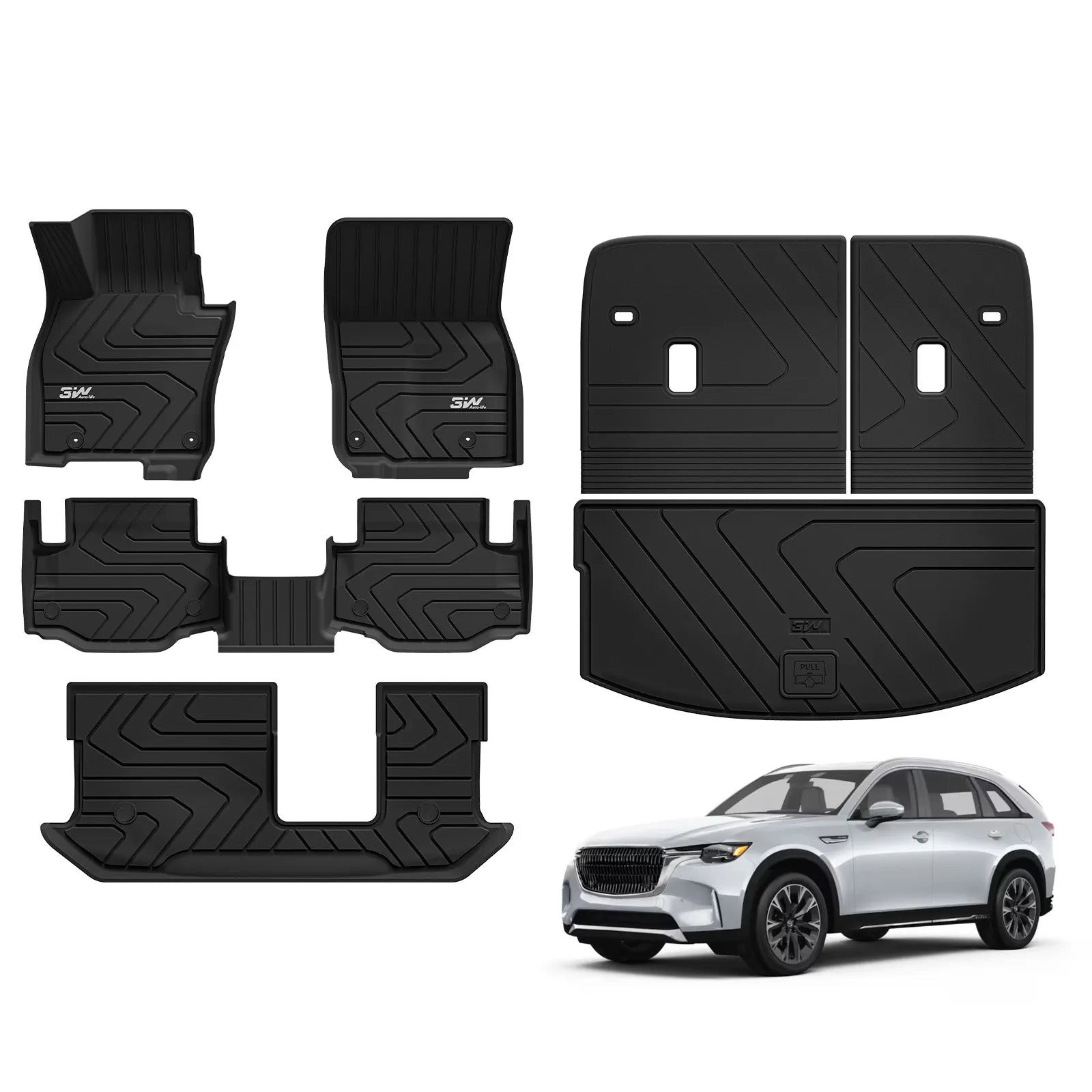 3W Floor Mats & Backrest Mats & Cargo Mats for Mazda CX-90/CX-90 Gas & PHEV 2024-2026 8 Seats with 2nd Row Bucket Seats, All Weather TPE Custom Fit Floor Liners Accessories, Black