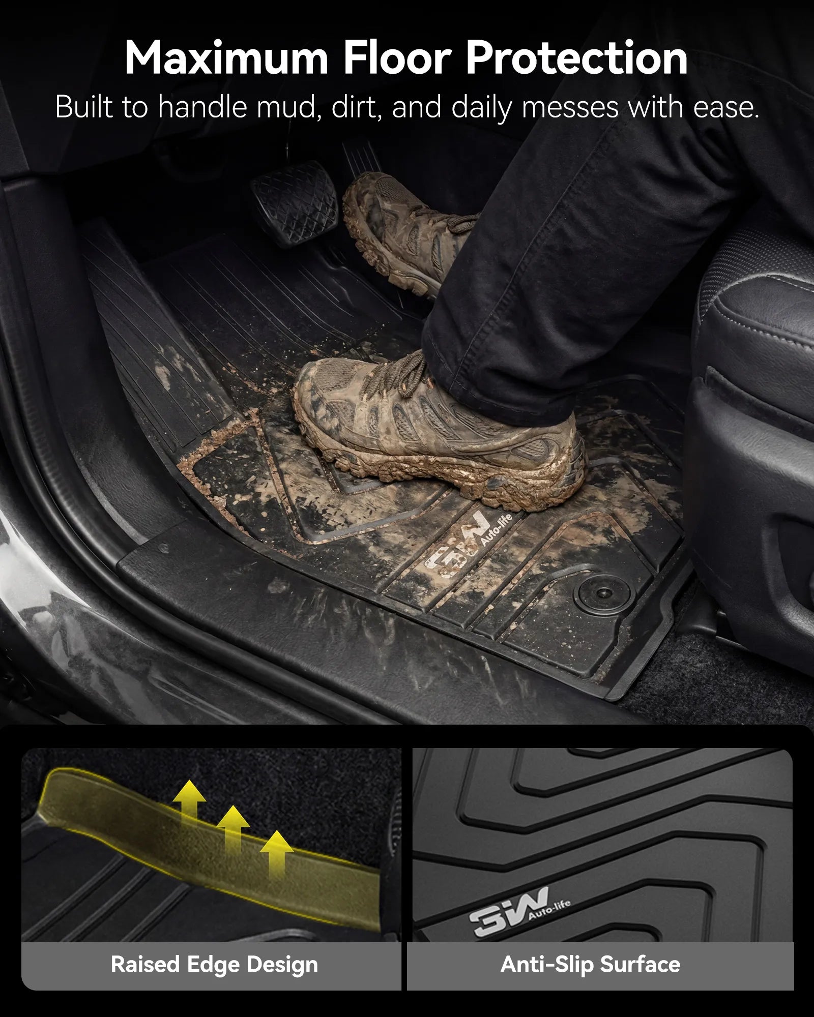 3W Floor Mats & Backrest Mats & Cargo Mats for Mazda CX-90/CX-90 Gas & PHEV 2024-2026 8 Seats with 2nd Row Bucket Seats, All Weather TPE Custom Fit Floor Liners Accessories, Black