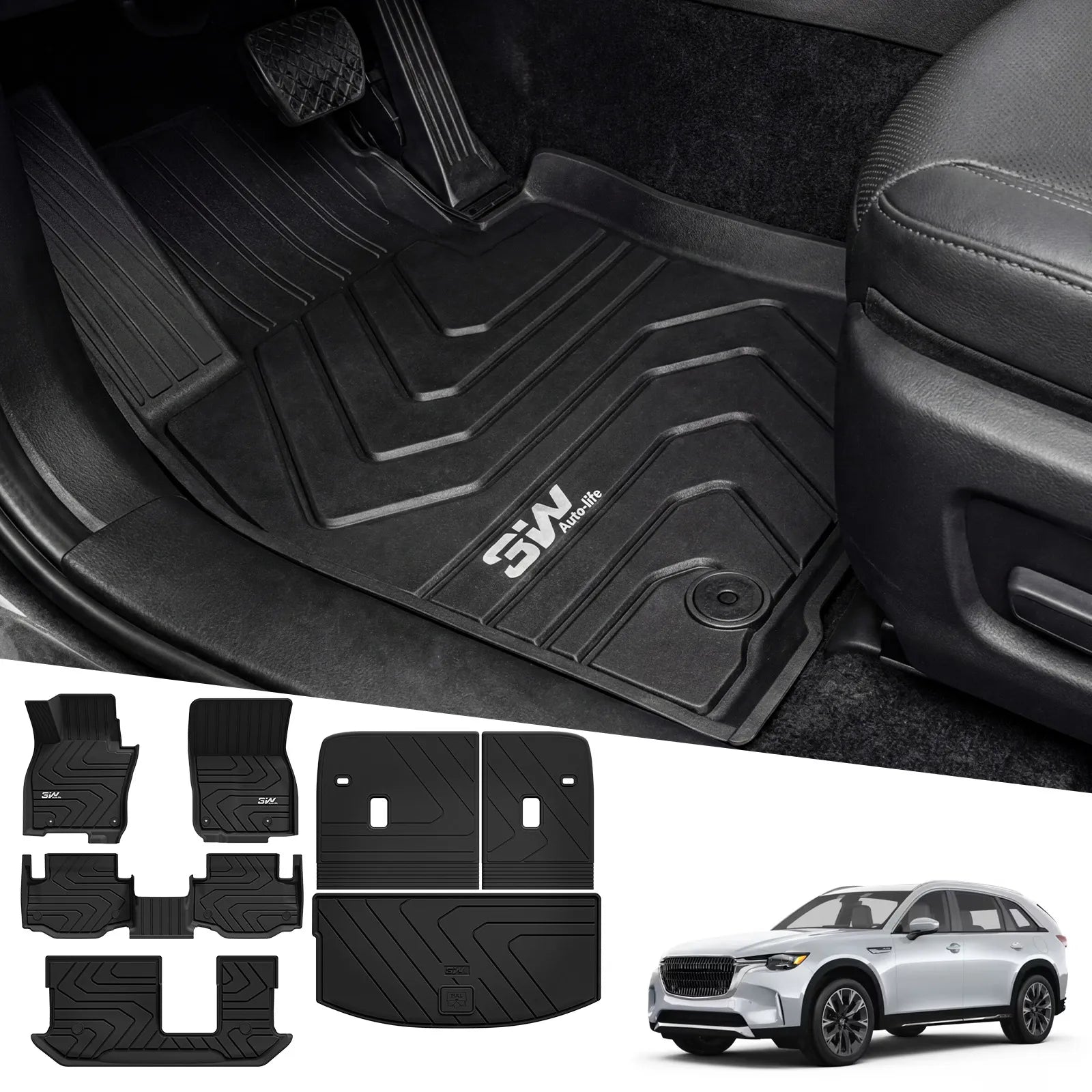 3W Floor Mats & Backrest Mats & Cargo Mats for Mazda CX-90/CX-90 Gas & PHEV 2024-2026 8 Seats with 2nd Row Bucket Seats, All Weather TPE Custom Fit Floor Liners Accessories, Black