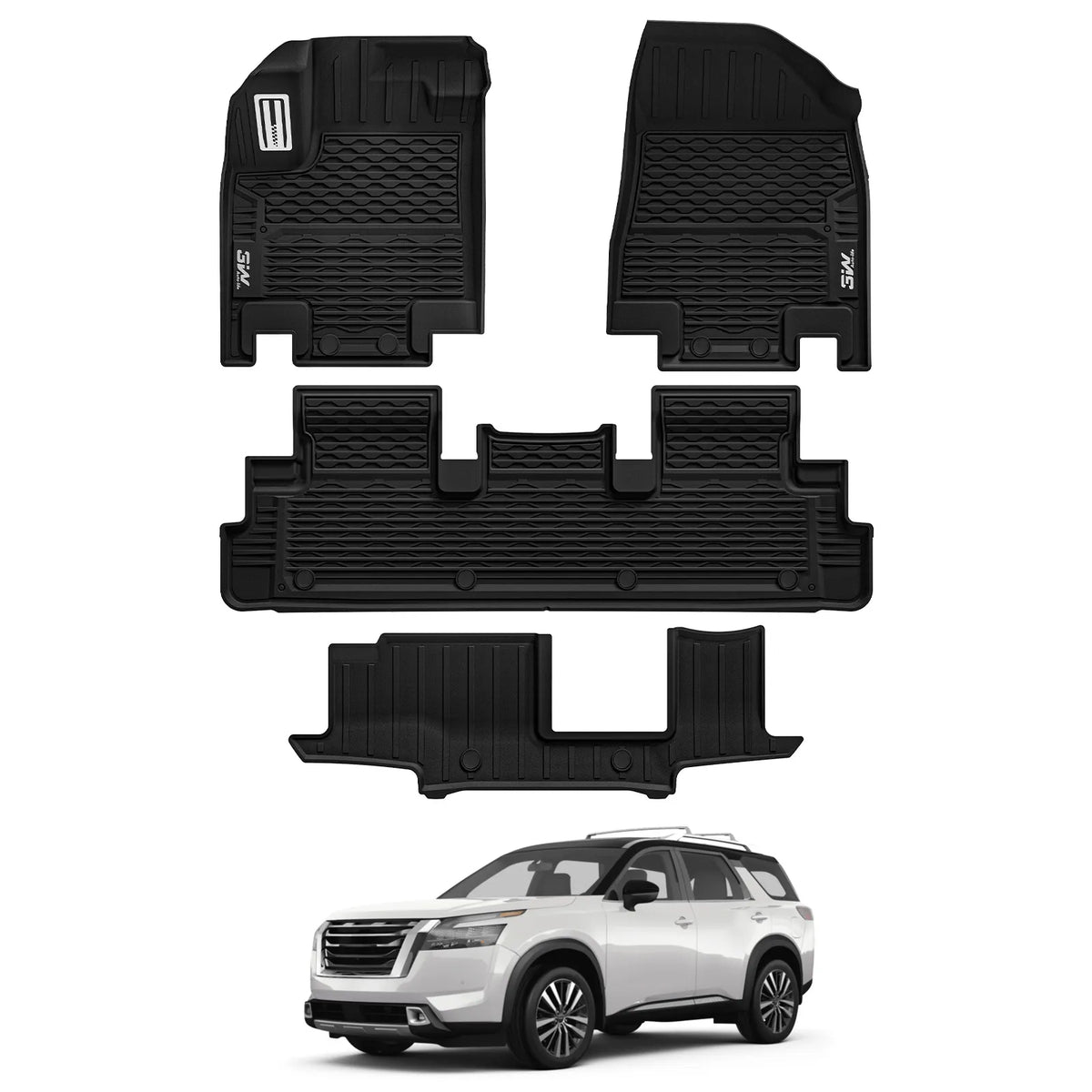 Custom Car Mats for Pathfinder 8-Seat / Infiniti QX60 7-Seat Custom Fit TPE Mat 1-3 Row Mats with Aluminum Accents Easy to Clean All Weather Protection Black