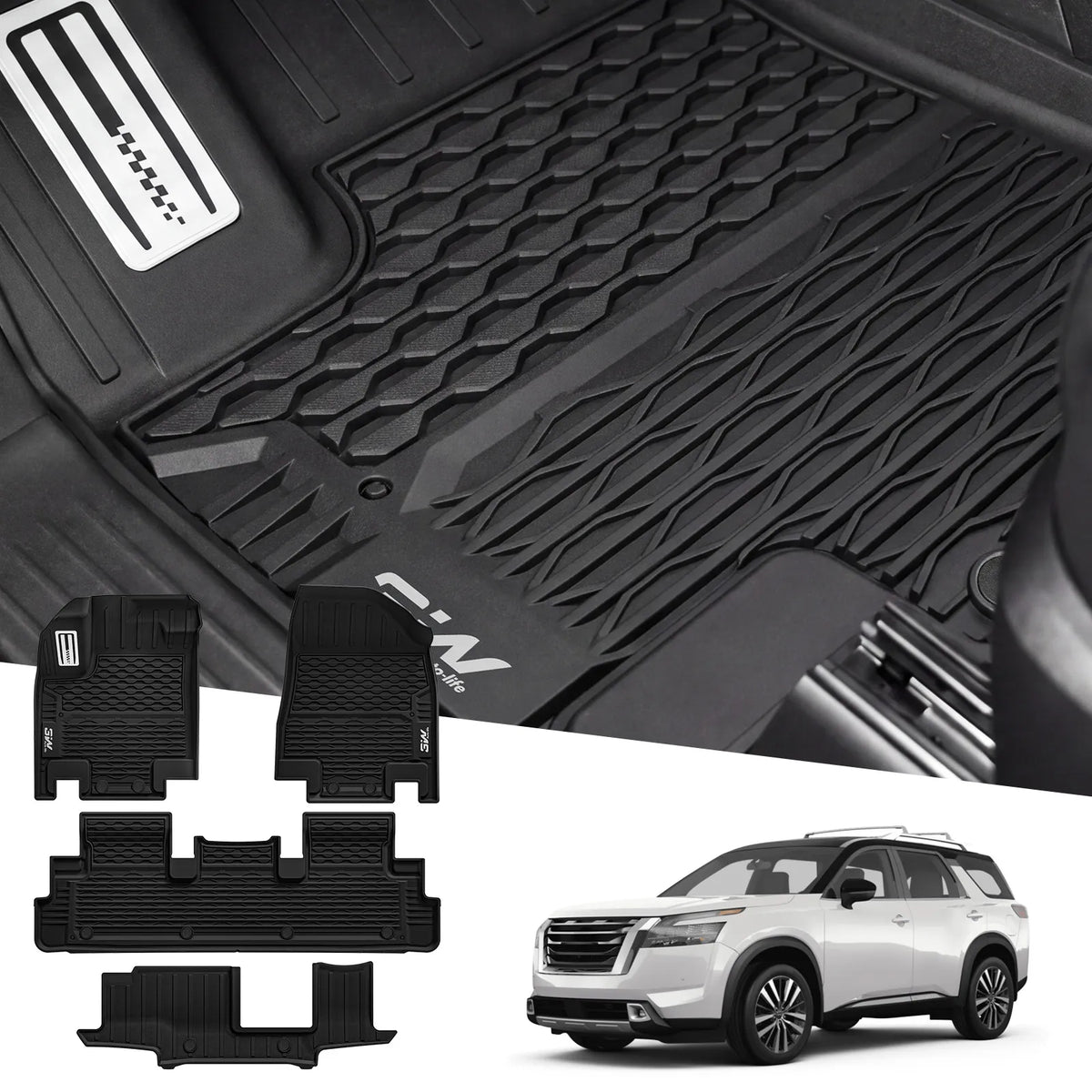 Custom Car Mats for Pathfinder 8-Seat / Infiniti QX60 7-Seat Custom Fit TPE Mat 1-3 Row Mats with Aluminum Accents Easy to Clean All Weather Protection Black