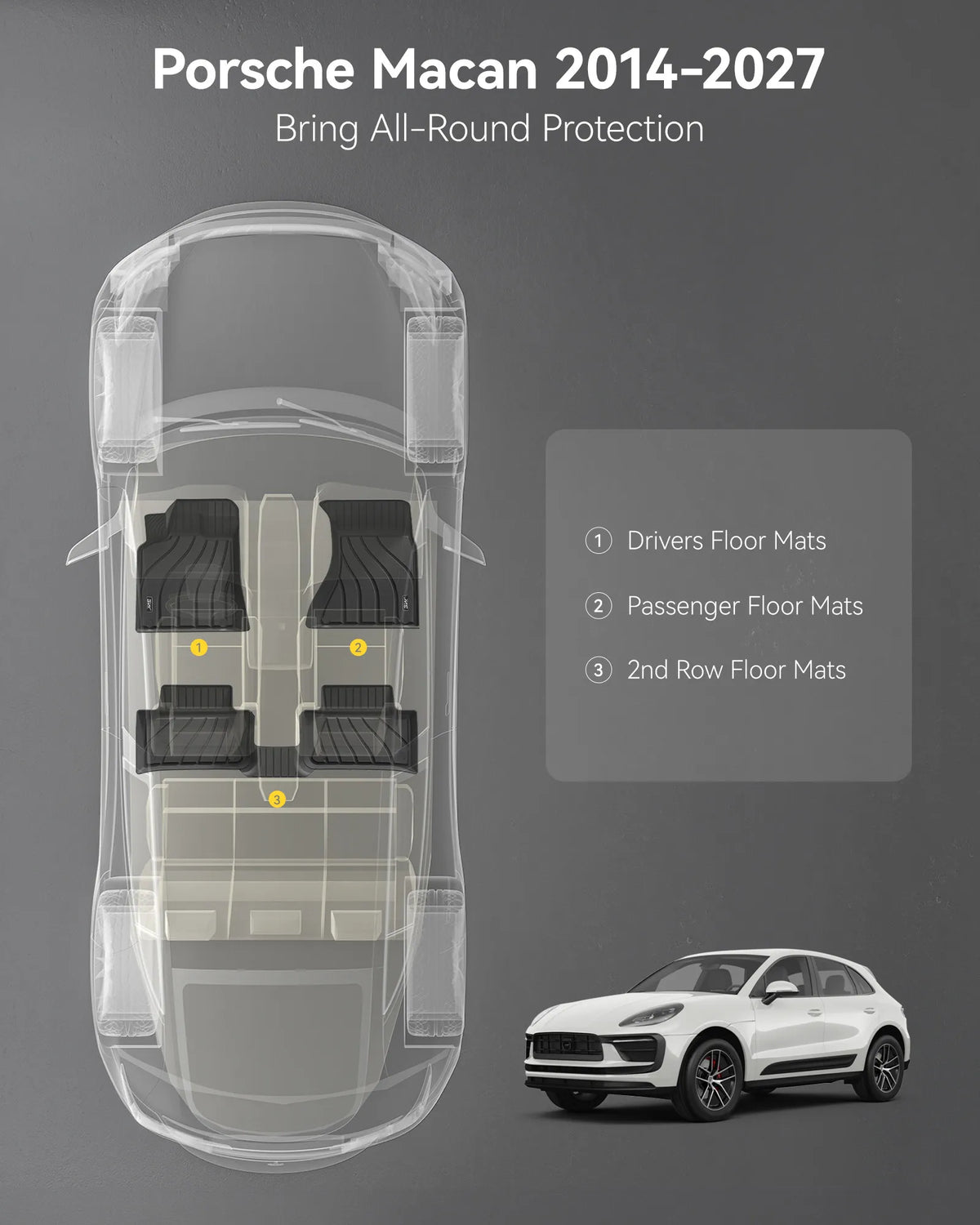3W Floor Mats for Macan S/Turbo/S Diesel/GTS (Not for EV), Max Surface Coverage, Safety Comes First, Easy Installation, Anti-Slip, Easy To Clean, All Weather, Durable TPE Car Mats