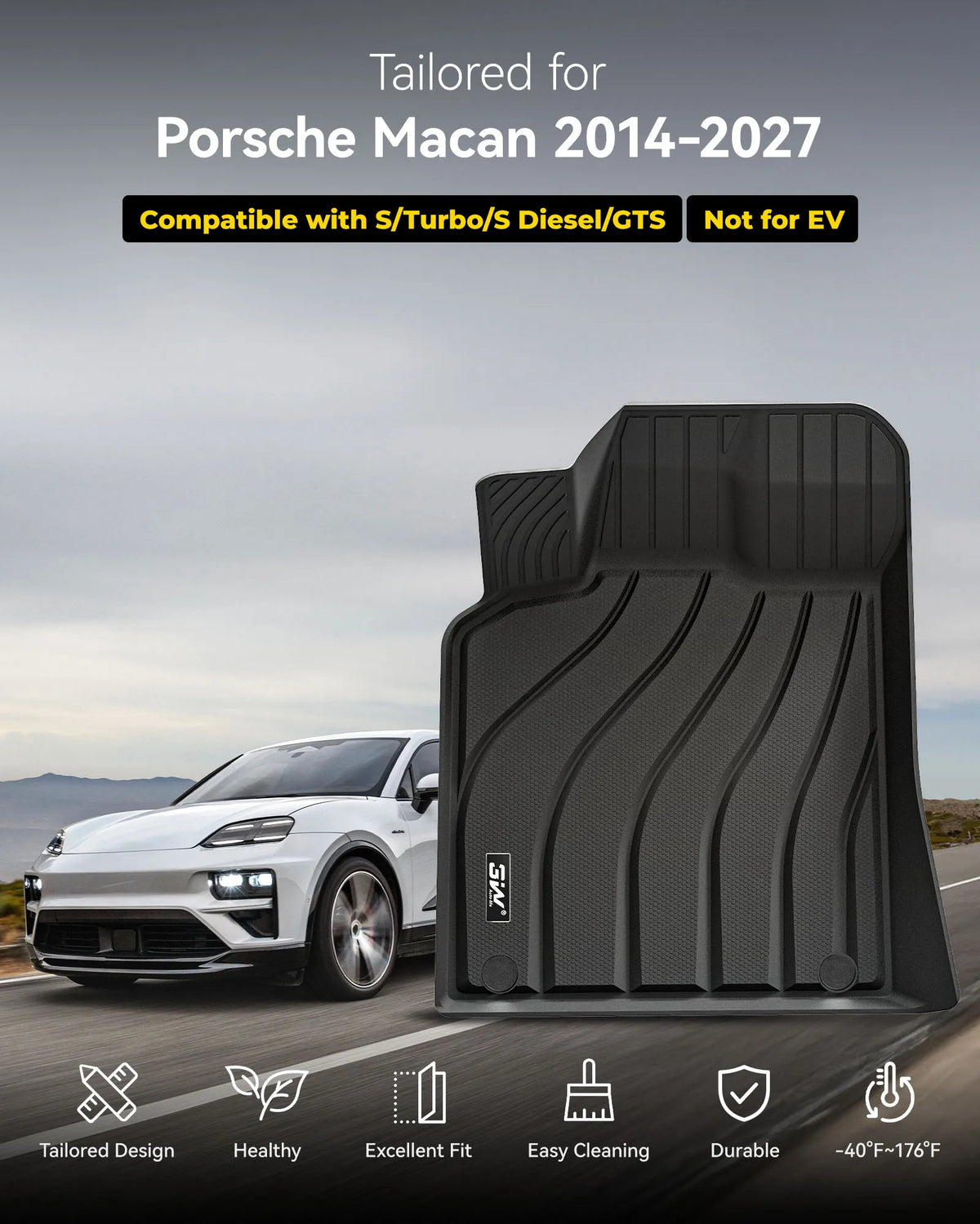 3W Floor Mats & Cargo Mat Porsche Macan S/Turbo/S Diesel/GTS (Not for EV), Max Surface Coverage, Safety Comes First, Easy Installation, Anti-Slip, Easy To Clean, All Weather, Durable TPE Car Mats