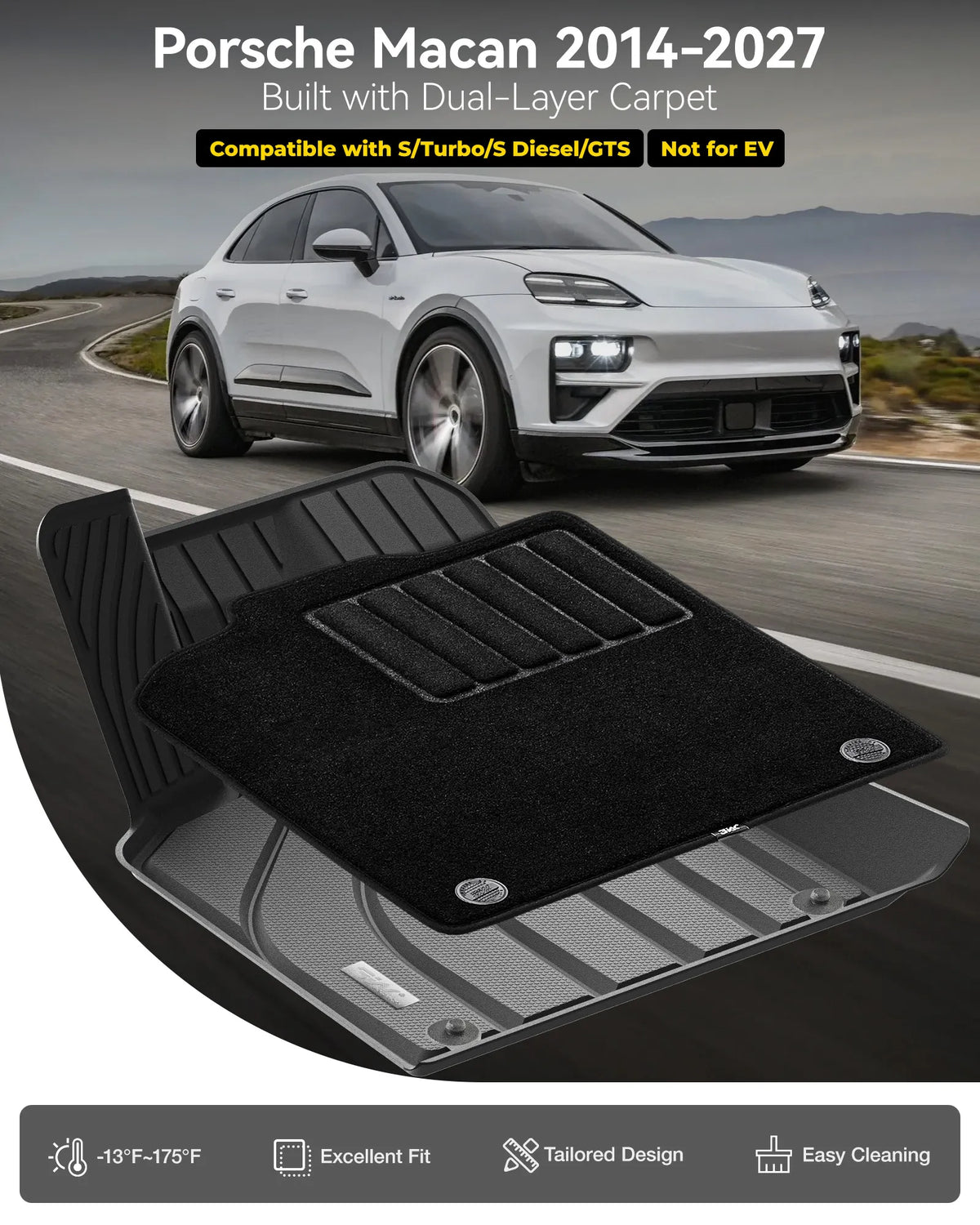 3W Floor Mats with Double-layered Carpet for Macan S/Turbo/S Diesel/GTS (Not for EV), Max Surface Coverage, Safety Comes First, Easy Installation, Anti-Slip, Easy To Clean, All Weather, Durable TPE Car Mats with Detachable Carpet