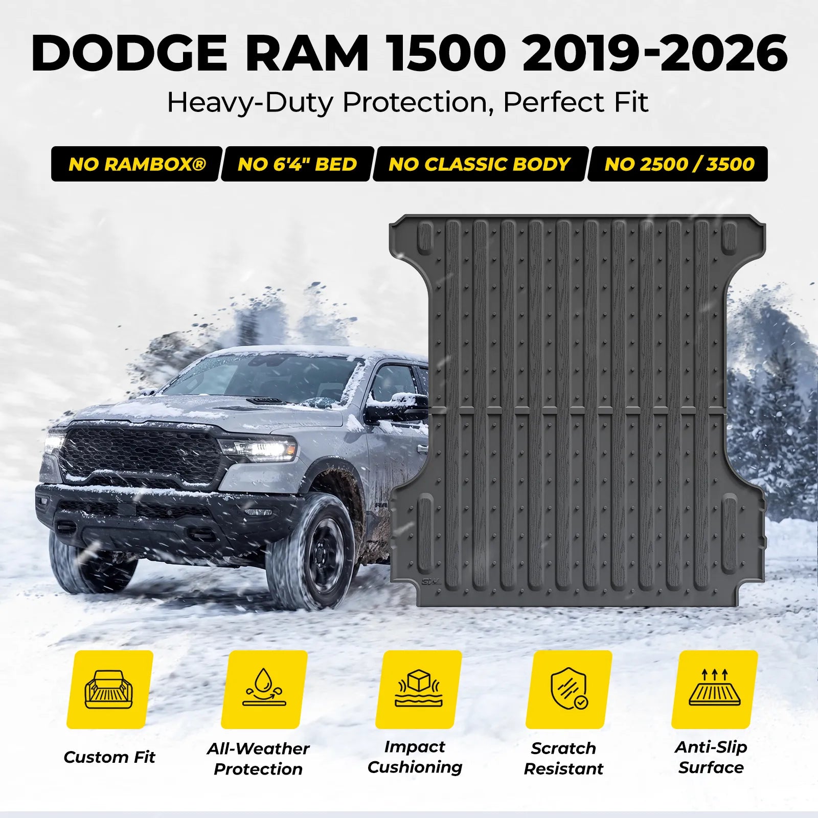 Custom Truck Bed Mat for Dodge Ram 1500/1500 RHO TPE Heavy-Duty All-Weather Liner Fits 5.7 FT / 67.4 Inches Short Bed, Blocks Mud & Spills, Not for Rambox