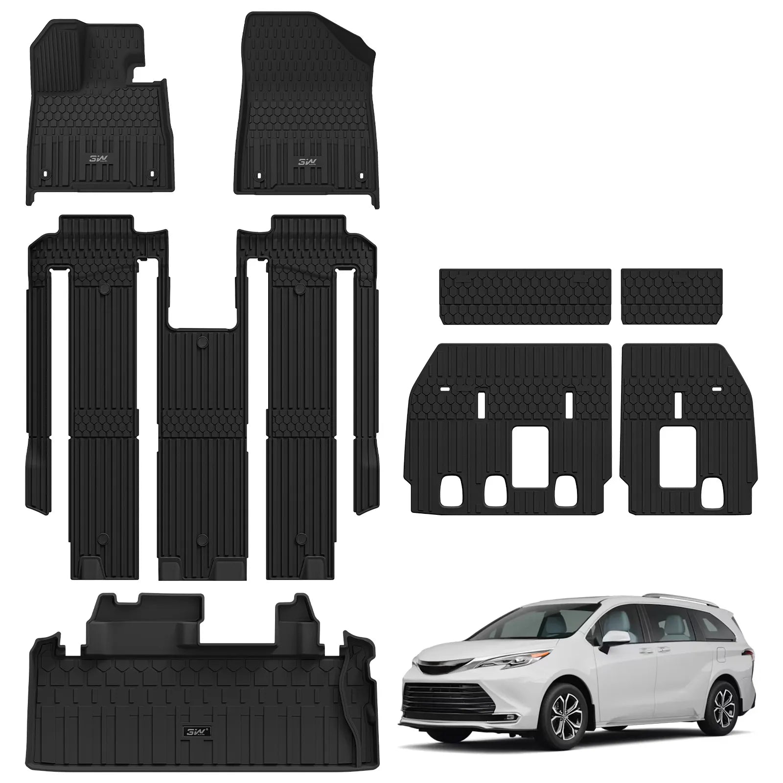 3W Floor Mats & Cargo Liner & Backrest Mats Fit Toyota Sienna 2024-2026 (Only for Platinum Version with Refrigerator) TPE Custom Fit Floor Liner and Trunk Mat for Sienna 7 Seat (w/o Spare tire) Black