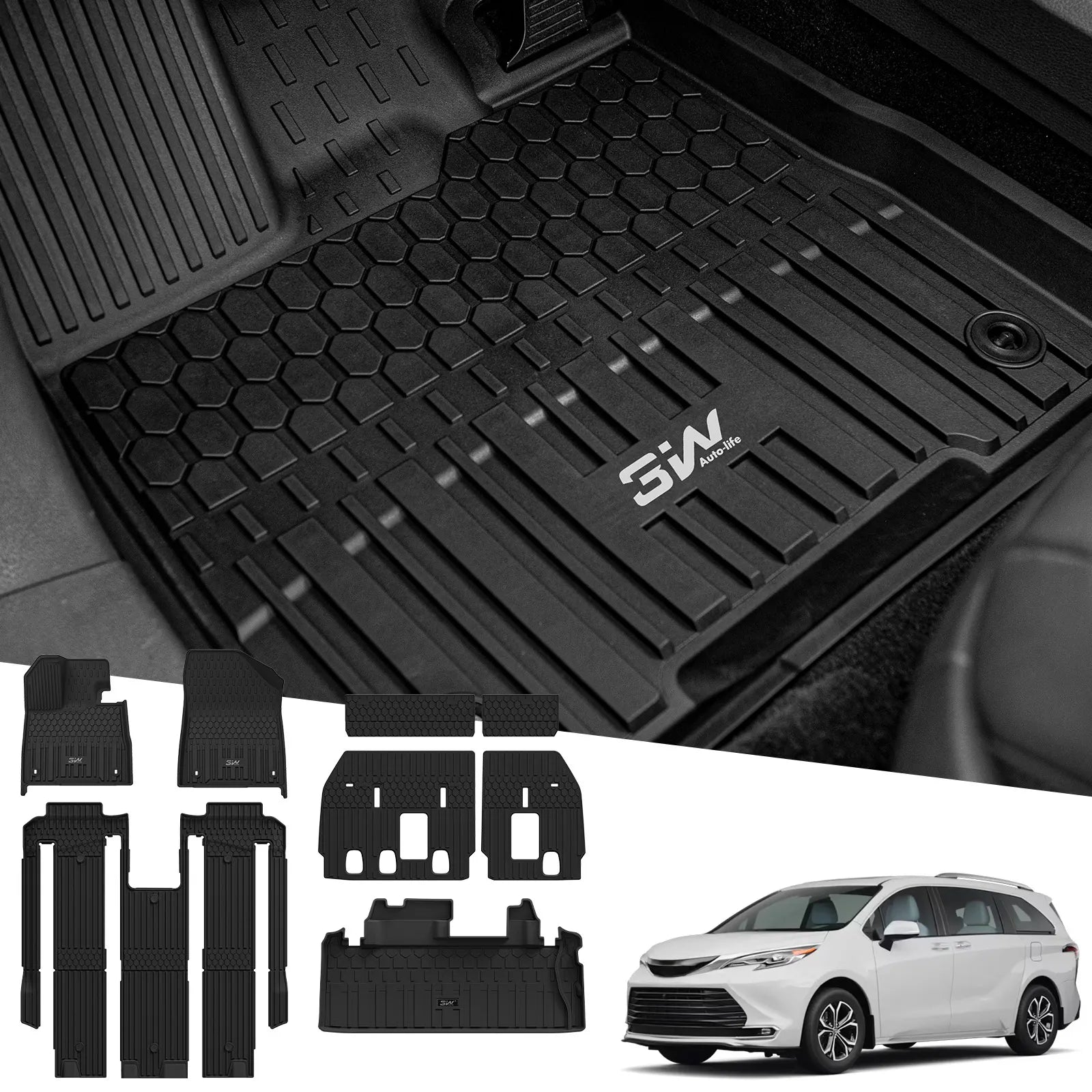 3W Floor Mats & Cargo Liner & Backrest Mats Fit Toyota Sienna 2024-2026 (Only for Platinum Version with Refrigerator) TPE Custom Fit Floor Liner and Trunk Mat for Sienna 7 Seat (w/o Spare tire) Black