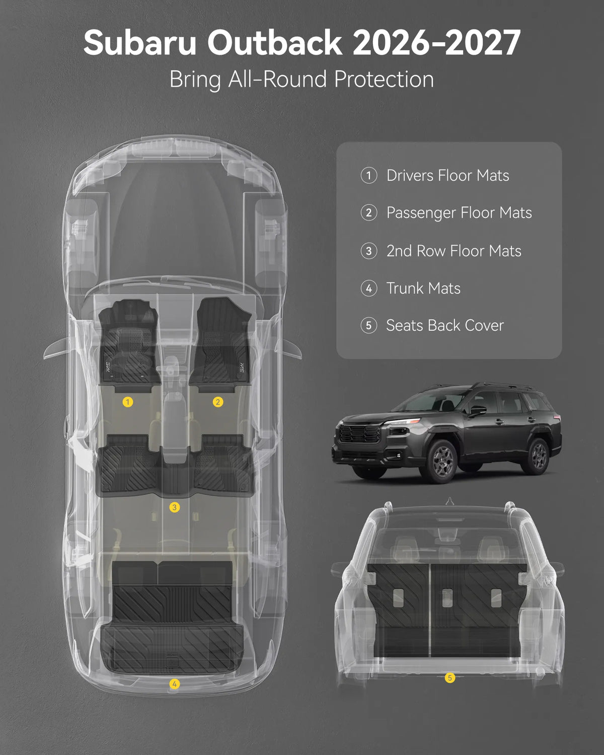 Floor Mats Full Set for 2027 2026 Subaru Outback, Floor Mats Cargo Liner Backrest Mats, All Weather TPE Custom Fit Easy Clean Durable Floor Liners, Car Accessories, Black