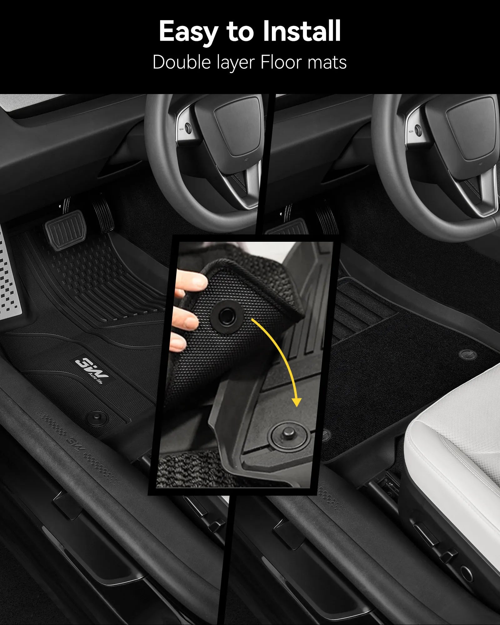 3W Tesla Model 3 Floor Mats 2026 2025 2024 with Metal Pedal & Carpets, Full Set with Cargo Liner, Highland All Weather Custom Fit Rear Trunk Mat Accessories Black