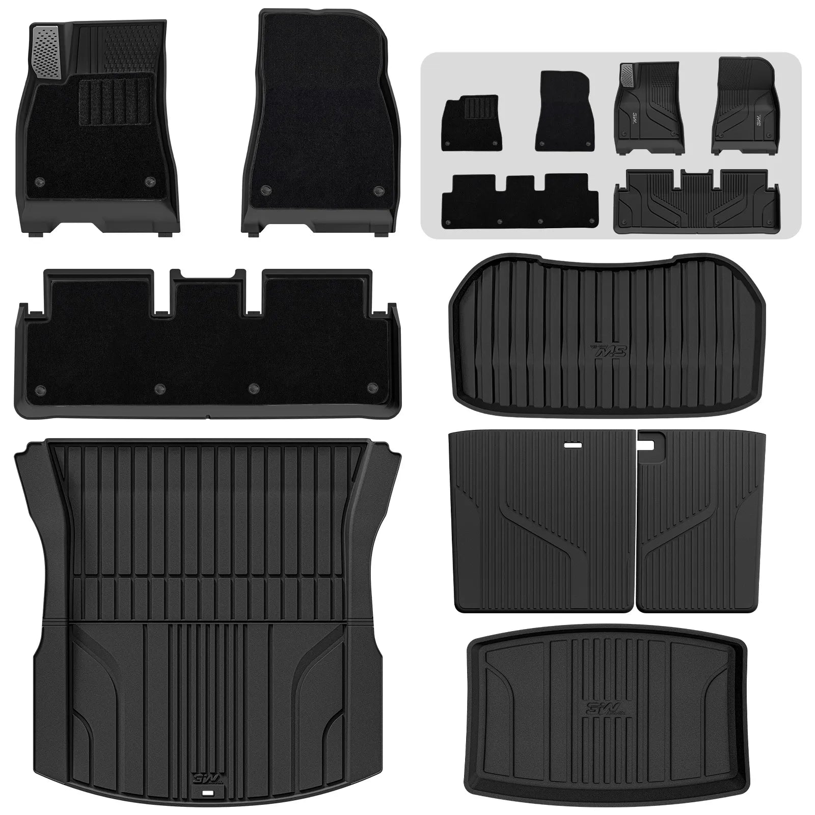 3W Tesla Model 3 Floor Mats 2026 2025 2024 with Metal Pedal & Carpets, Full Set with Cargo Liner, Highland All Weather Custom Fit Rear Trunk Mat Accessories Black