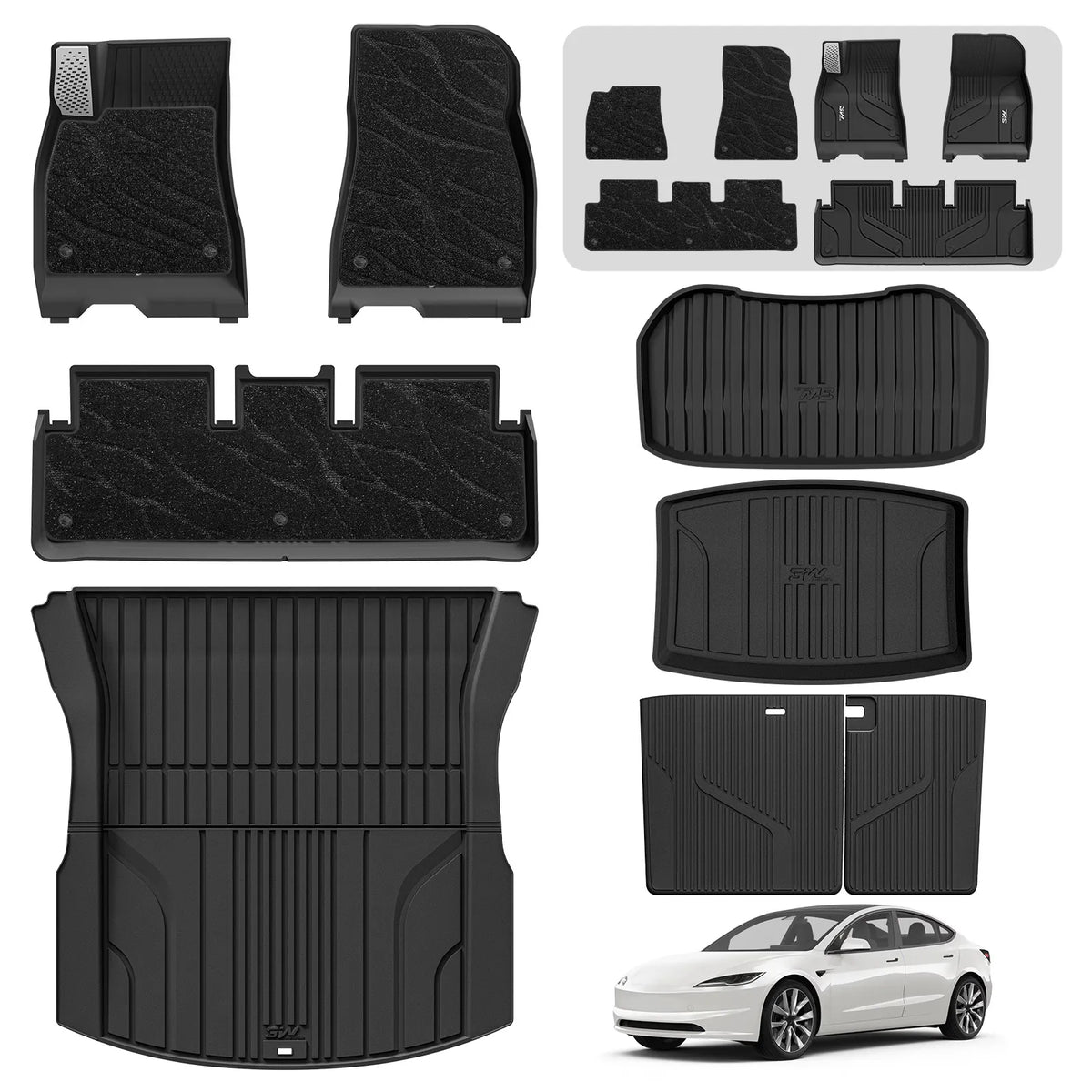 3W Tesla Model 3 Floor Mats 2026 2025 2024 with Metal Pedal & Carpets, Full Set with Cargo Liner, Highland All Weather Custom Fit Rear Trunk Mat Accessories Black