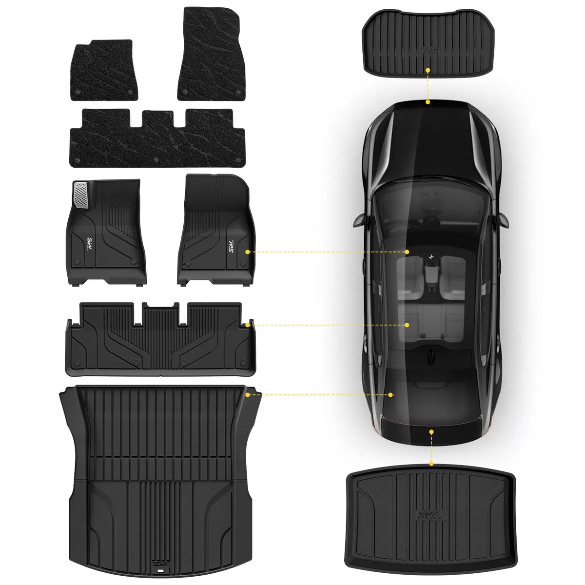 3W Tesla Model 3 Floor Mats 2026 2025 2024 with Metal Pedal & Carpets, Full Set with Cargo Liner, Highland All Weather Custom Fit Rear Trunk Mat Accessories Black