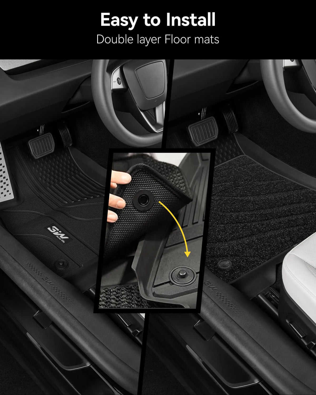 3W Tesla Model 3 Floor Mats 2026 2025 2024 with Metal Pedal & Carpets, Full Set with Cargo Liner, Highland All Weather Custom Fit Rear Trunk Mat Accessories Black