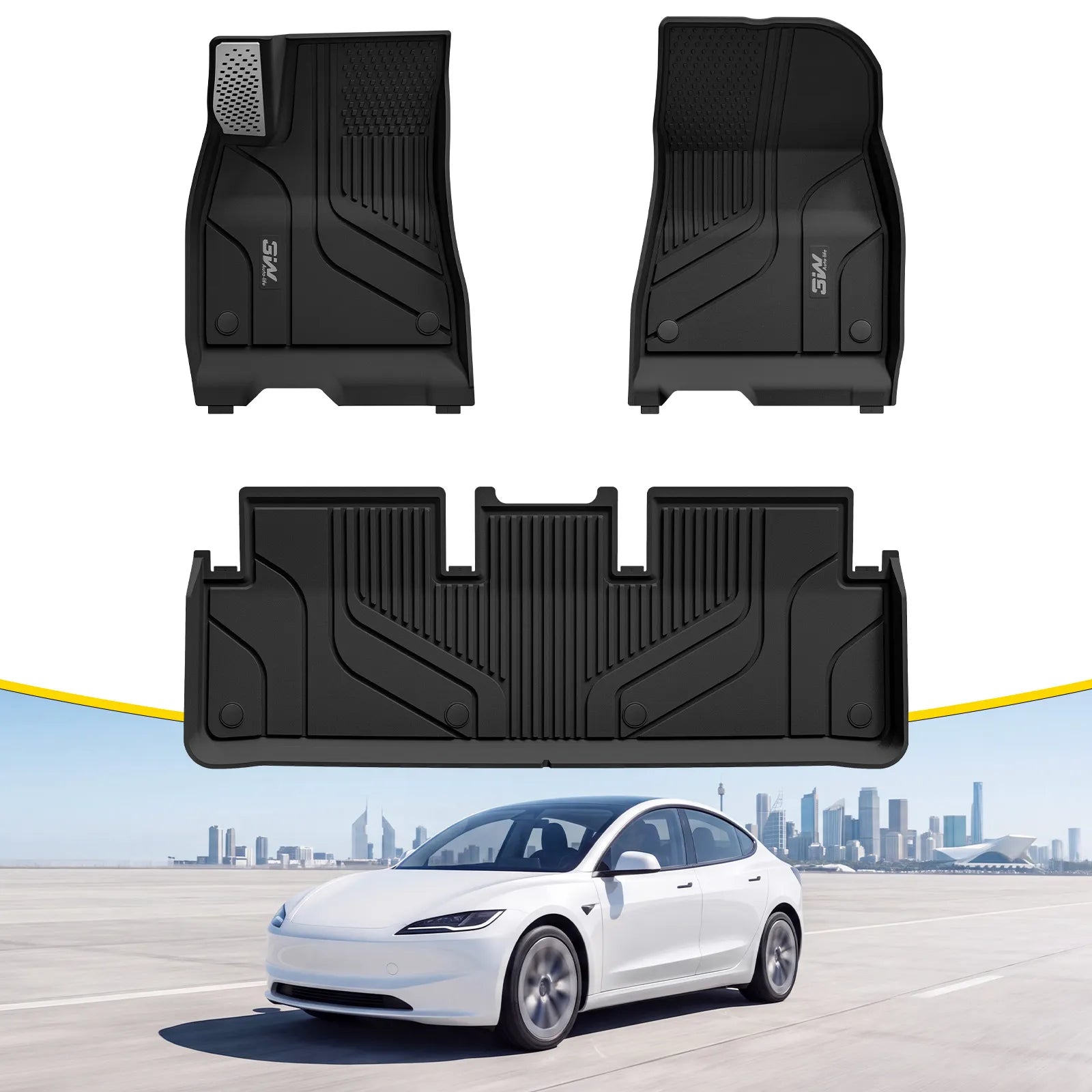 3W Tesla Model 3 Highland New Generation Custom 1&2 Row Floor Mats with Aluminum Accents TPE Material & All-Weather Protection Vehicles & Parts 3Wliners 2024 2025 2026 Car Accessories Black