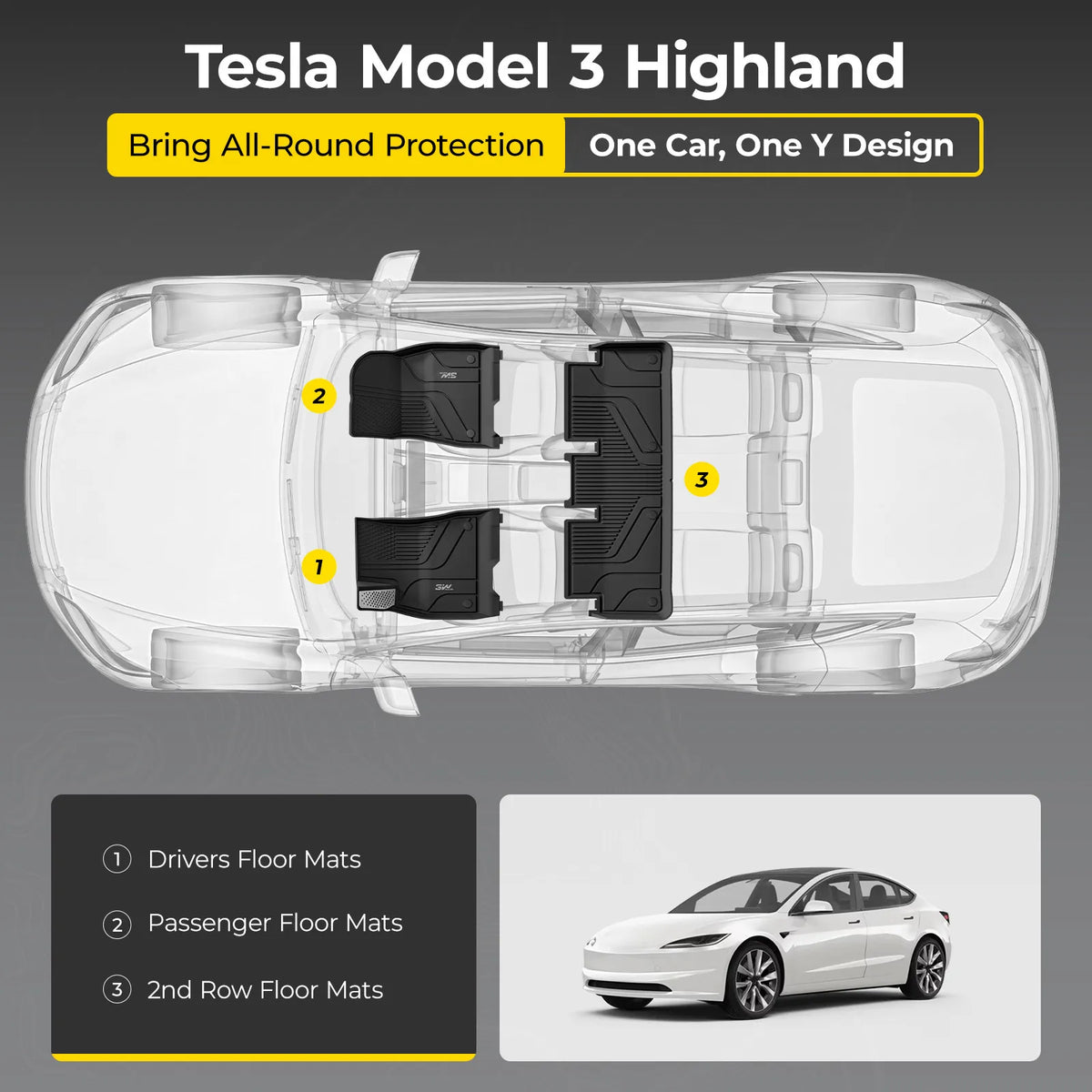 3W Tesla Model 3 Highland New Generation Custom 1&2 Row Floor Mats with Aluminum Accents TPE Material & All-Weather Protection Vehicles & Parts 3Wliners 2024 2025 2026 Car Accessories Black
