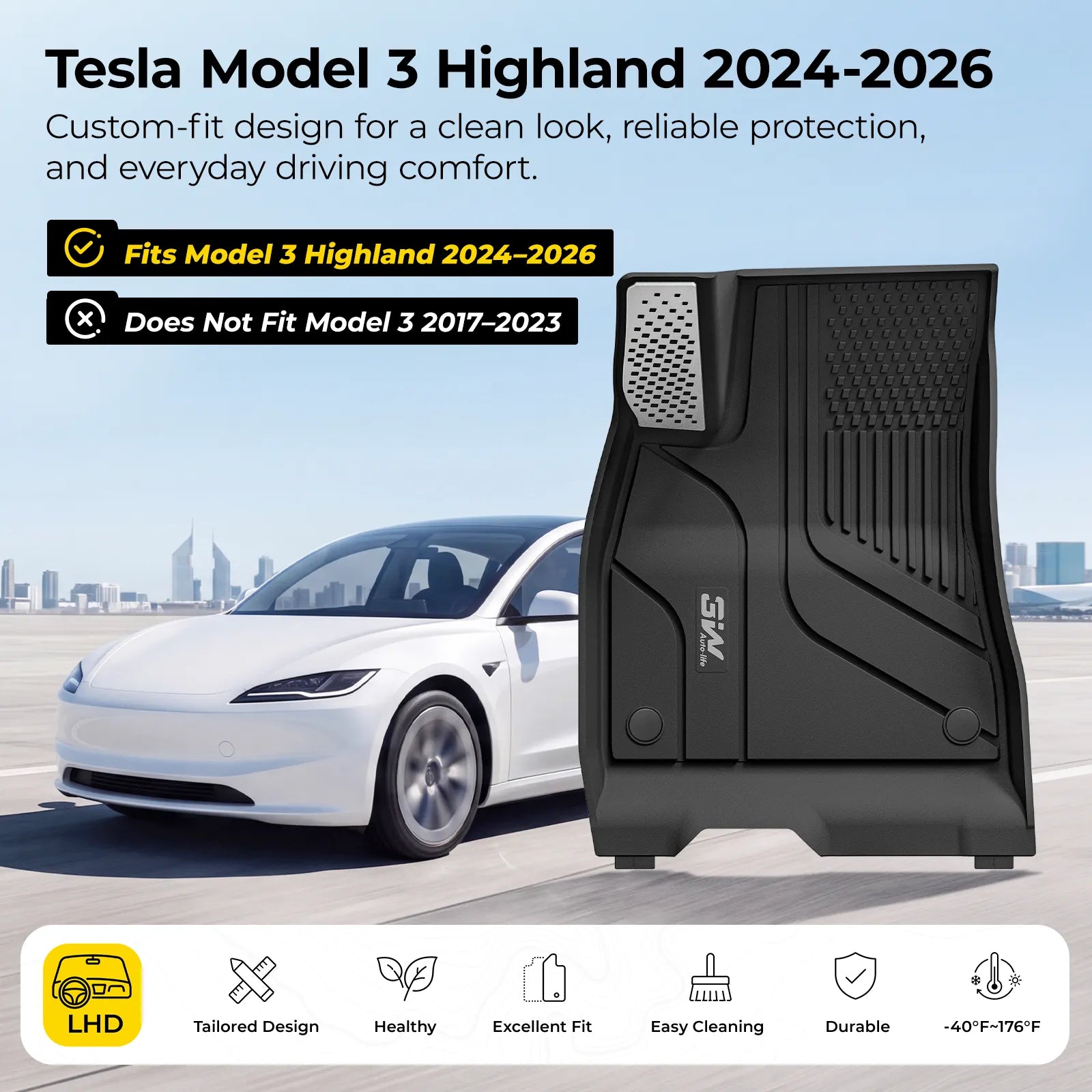 3W Tesla Model 3 Highland New Generation Custom 1&2 Row Floor Mats with Aluminum Accents TPE Material & All-Weather Protection Vehicles & Parts 3Wliners 2024 2025 2026 Car Accessories Black