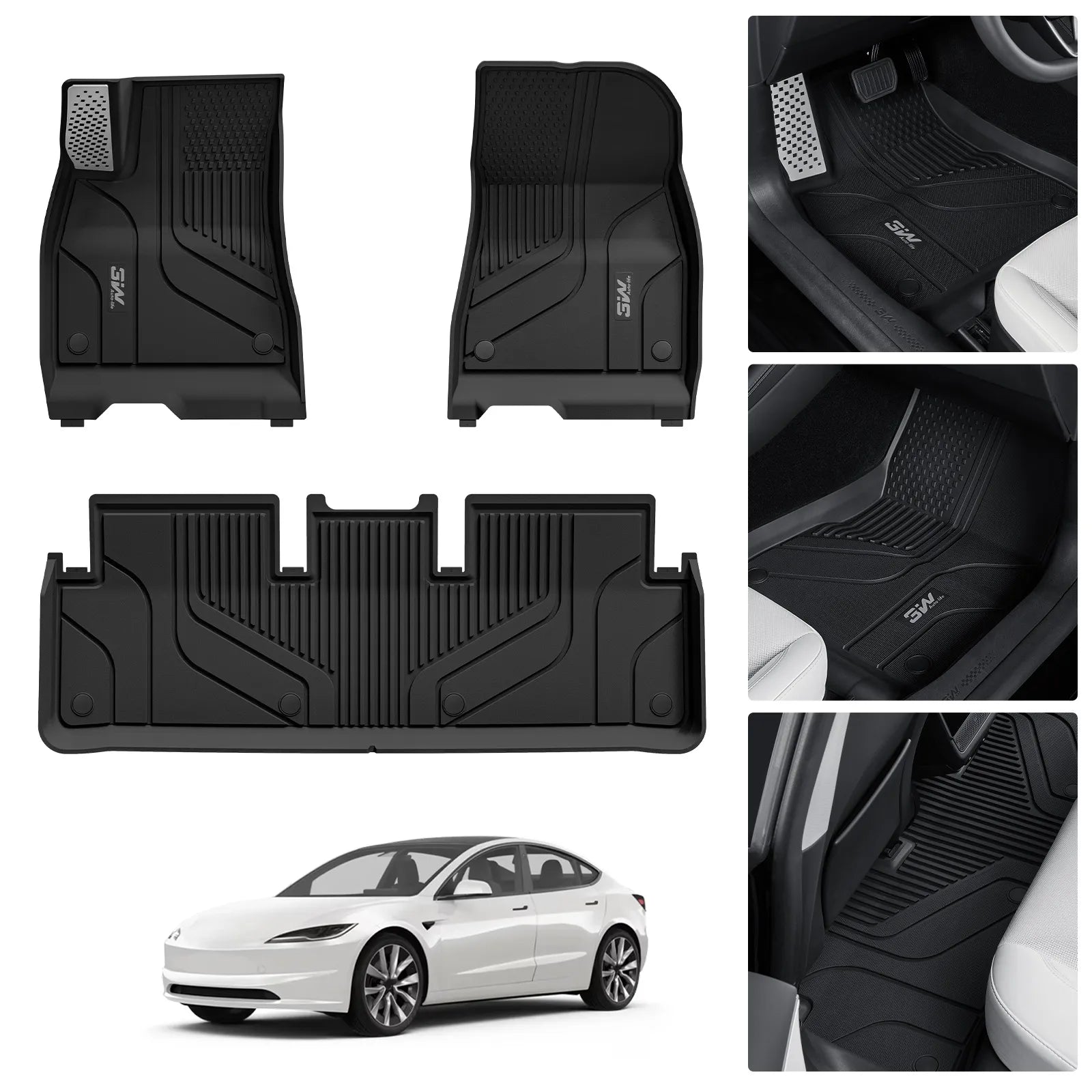 3W Tesla Model 3 Highland New Generation Custom 1&2 Row Floor Mats with Aluminum Accents TPE Material & All-Weather Protection Vehicles & Parts 3Wliners 2024 2025 2026 Car Accessories Black