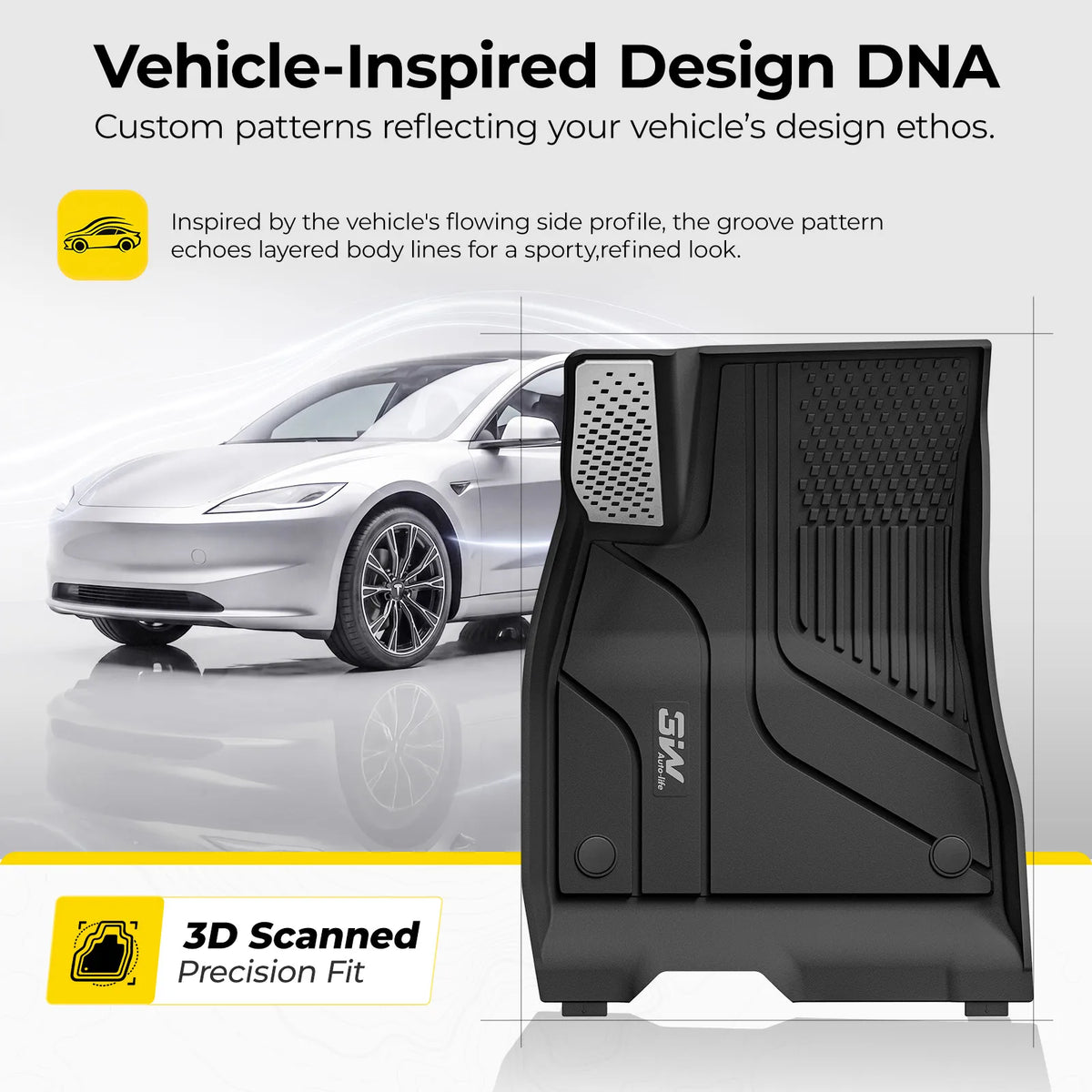 3W Tesla Model 3 Highland New Generation Custom 1&2 Row Floor Mats with Aluminum Accents TPE Material & All-Weather Protection Vehicles & Parts 3Wliners 2024 2025 2026 Car Accessories Black