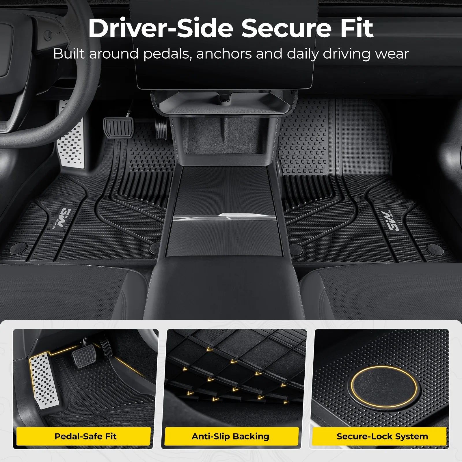 3W Tesla Model 3 Highland New Generation Custom 1&2 Row Floor Mats with Aluminum Accents TPE Material & All-Weather Protection Vehicles & Parts 3Wliners 2024 2025 2026 Car Accessories Black