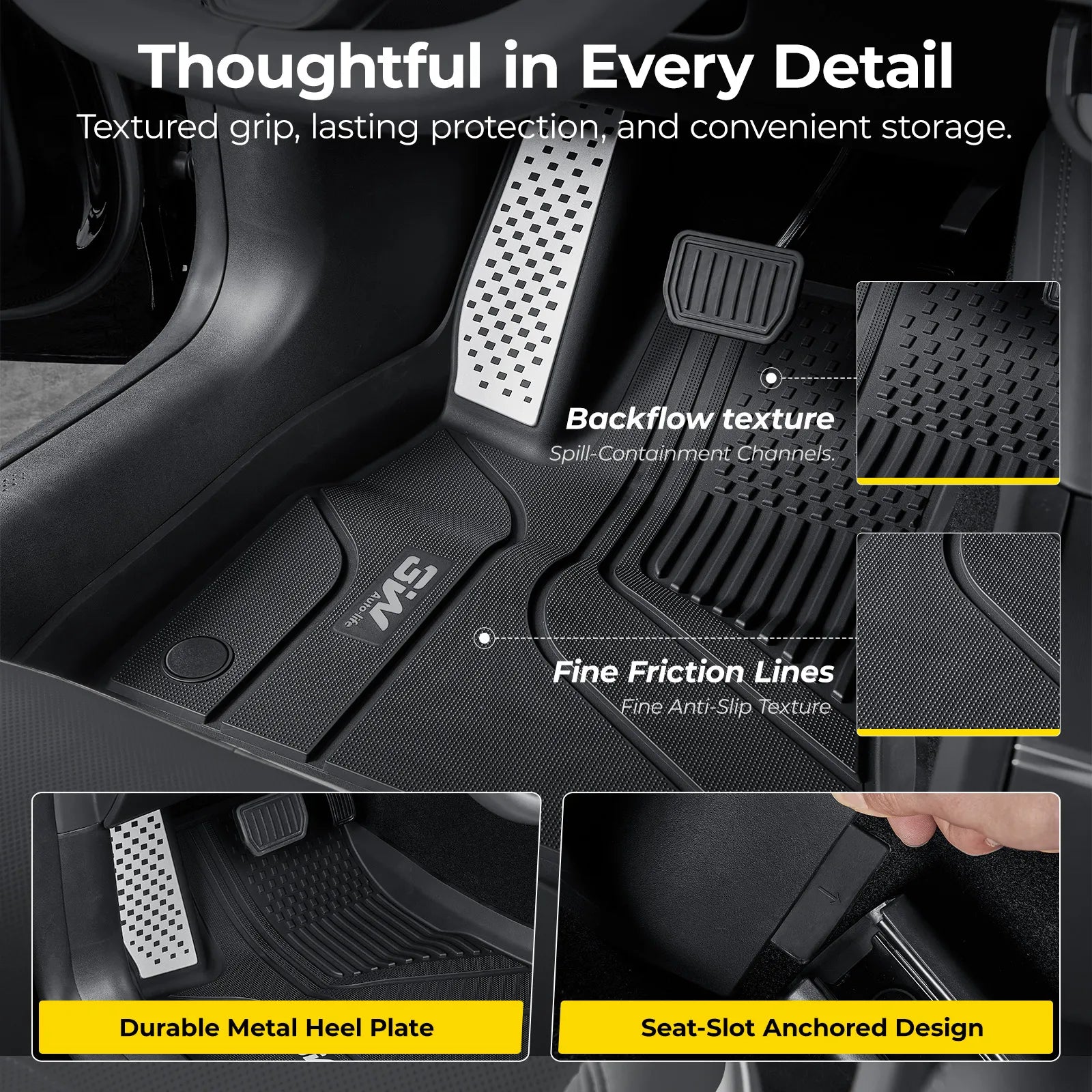 3W Tesla Model 3 Highland New Generation Custom 1&2 Row Floor Mats with Aluminum Accents TPE Material & All-Weather Protection Vehicles & Parts 3Wliners 2024 2025 2026 Car Accessories Black