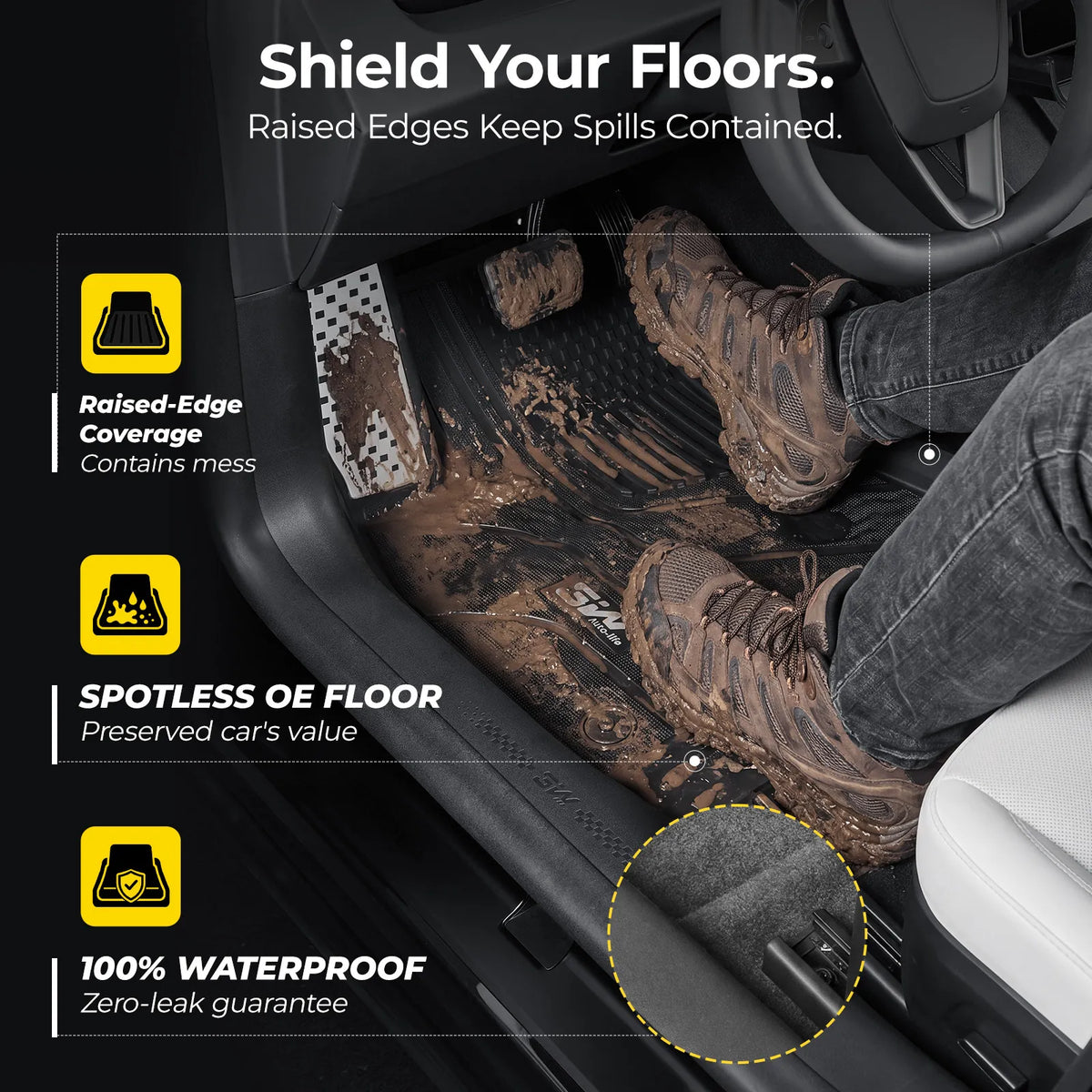 3W Tesla Model 3 Highland New Generation Custom 1&2 Row Floor Mats with Aluminum Accents TPE Material & All-Weather Protection Vehicles & Parts 3Wliners 2024 2025 2026 Car Accessories Black
