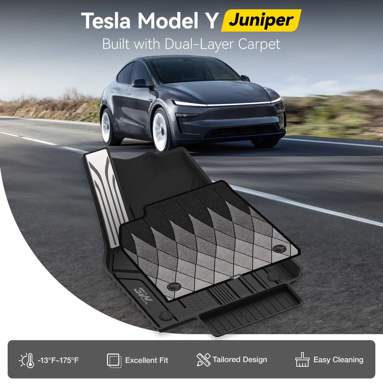 3W Tesla Model Y Juniper Floor Mats, 9PCS with Double Layered Carpets, New Astro Grid Design Carpet, Mental Pedal, Double Layer, 2025 2026 Model Y Acecessories, TPE All Weather Waterproof Custom Fit Automotive Liners, Seat Back Protector
