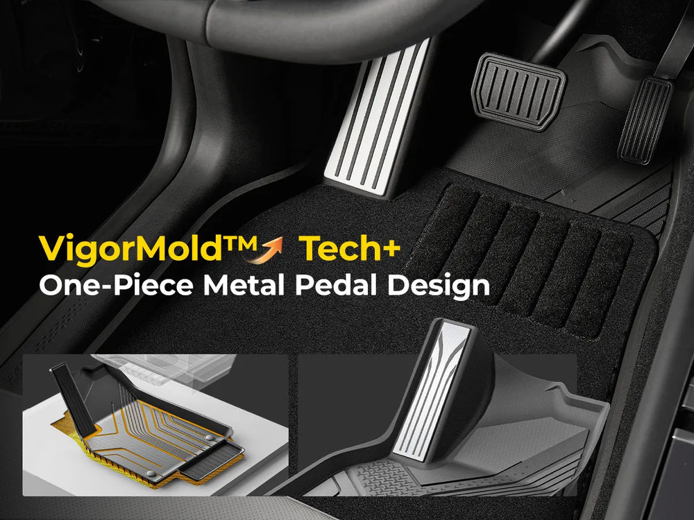 3W Tesla Model Y Juniper Premium / Performance Custom Floor Mats 1 & 2 Row Car Mats with Double Layer Detachable Carpet Car Accessories Black TPE Mats All Weather Protection Upgraded Metal Pedals