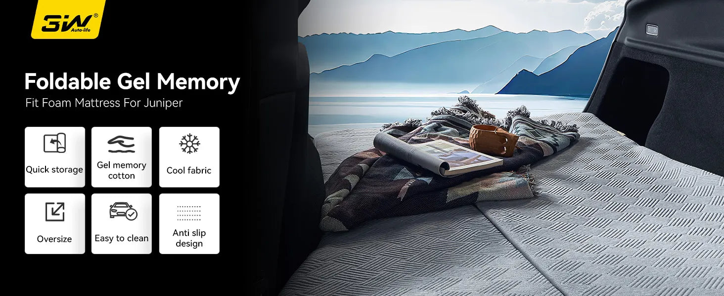 Rear view of a Tesla Model Y Juniper trunk area with the 3W custom split memory foam sleeping mattress fully extended for dual person car camping.