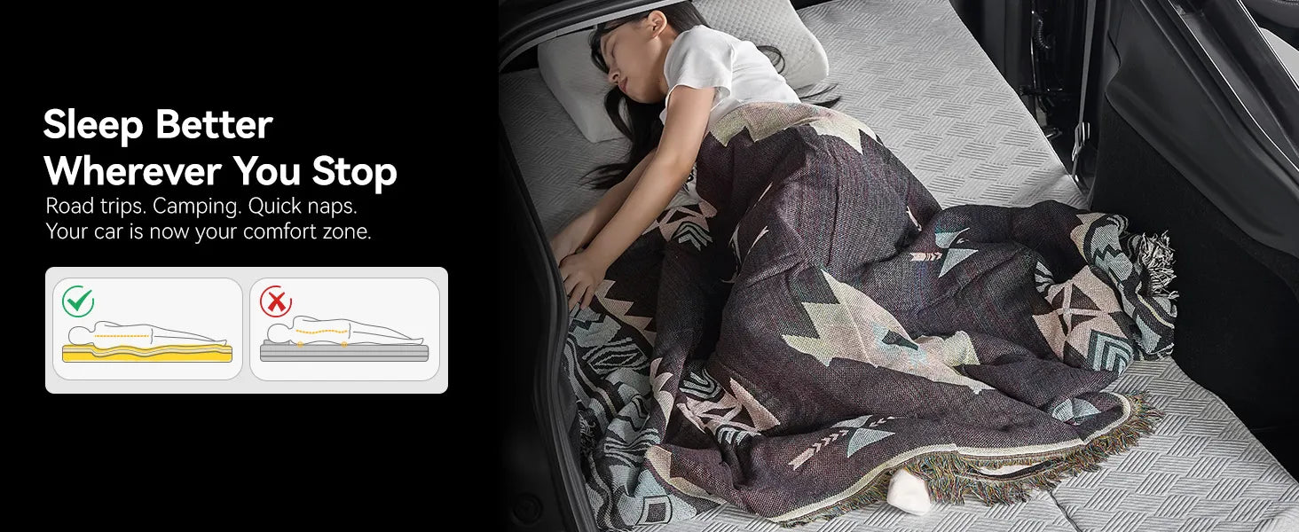 Rear view of a Tesla Model Y Juniper trunk area with the 3W custom split memory foam sleeping mattress fully extended for dual person car camping.