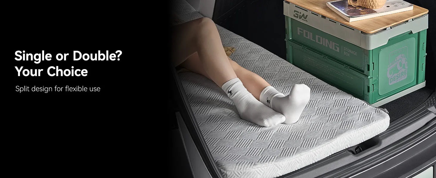 Rear view of a Tesla Model Y Juniper trunk area with the 3W custom split memory foam sleeping mattress fully extended for dual person car camping.