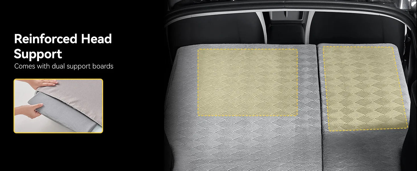 Rear view of a Tesla Model Y Juniper trunk area with the 3W custom split memory foam sleeping mattress fully extended for dual person car camping.