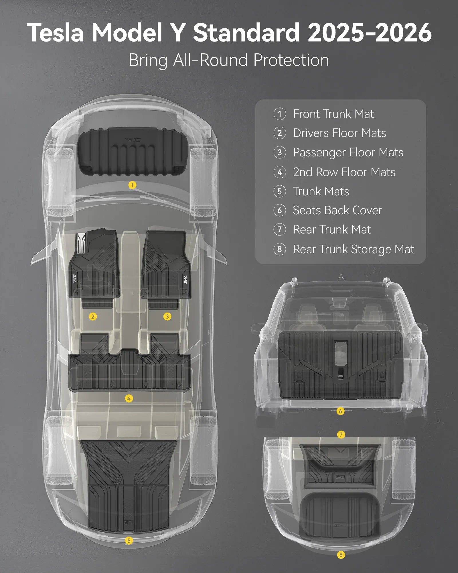 3W Tesla Model Y Standard Floor Mats, 10PCS Set，Floor Mats, Trunk Mats, Frunk Mat, Back Seat Protector，with Mental Pedal, 2025 2026 Model Y Standard Acecessories, TPE All Weather Waterproof Custom Fit Automotive Liners and Truck Car Liners