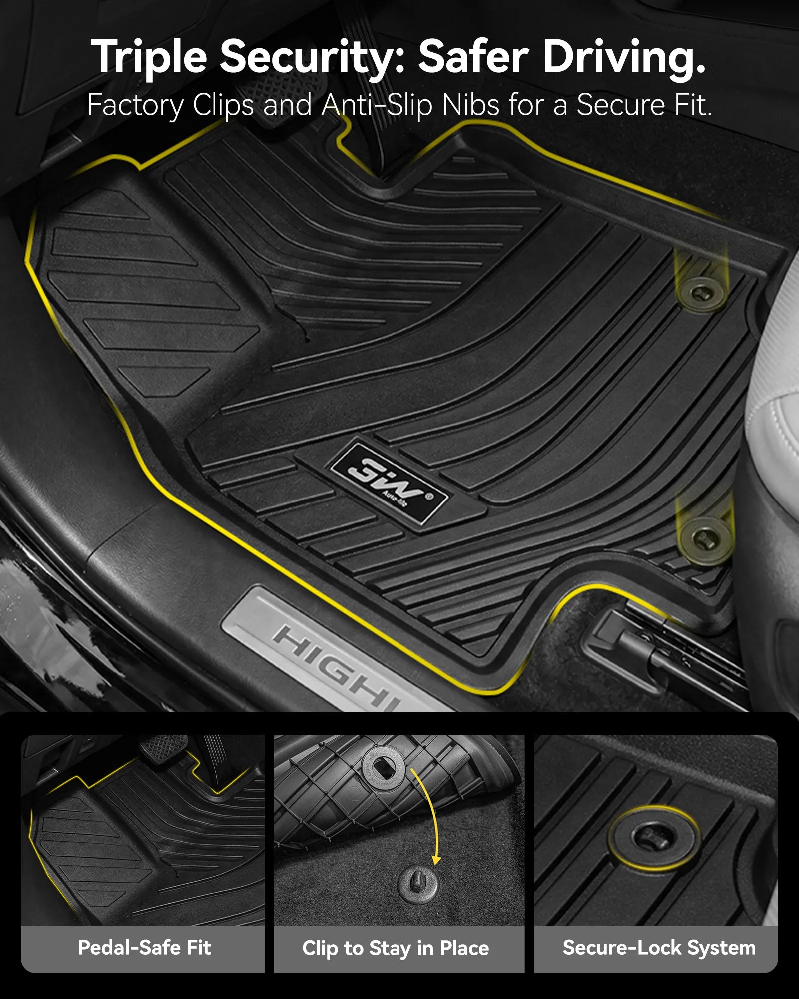 3W Floor Mats Fit 2020-2026 Toyota Highlander (Not for Hybrid), TPE, Black , All Weather TPE Liners Withstand Mud, Spills & Snow; Custom Fit Covers Every Inch, No Shifting; Fits 1st & 2nd Row & Cargo Liner