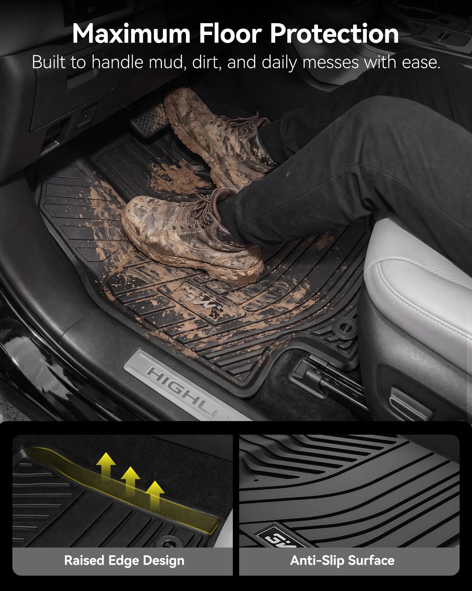 3W Floor Mats Fit 2020-2026 Toyota Highlander (Not for Hybrid), TPE, Black , All Weather TPE Liners Withstand Mud, Spills & Snow; Custom Fit Covers Every Inch, No Shifting; Fits 1st & 2nd Row & Cargo Liner