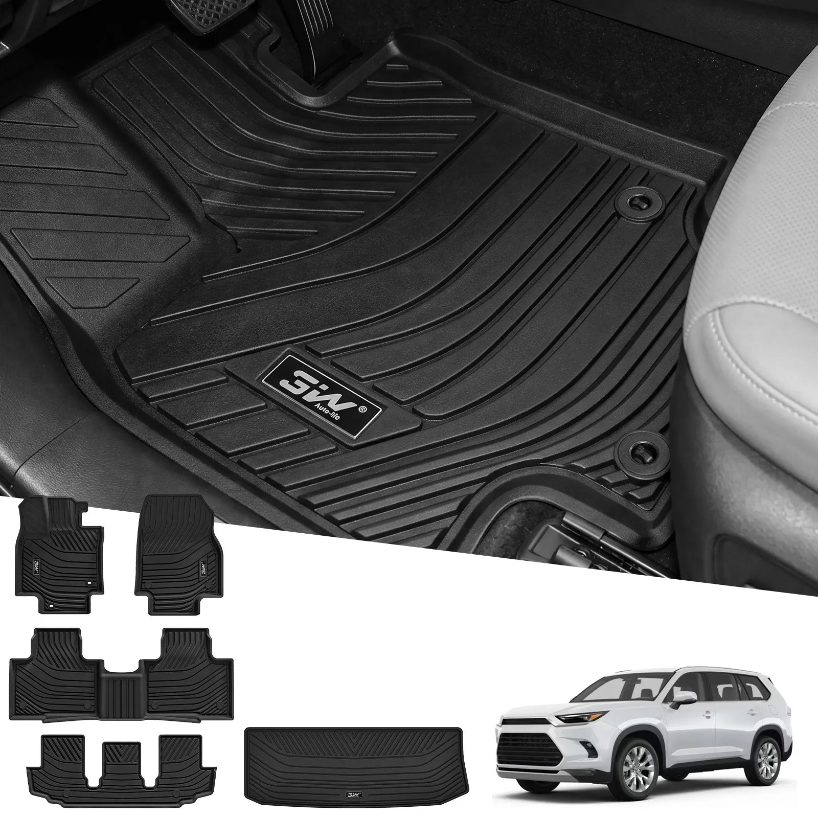 3W Floor Mats Fit 2020-2026 Toyota Highlander (Not for Hybrid), TPE, Black , All Weather TPE Liners Withstand Mud, Spills & Snow; Custom Fit Covers Every Inch, No Shifting; Fits 1st & 2nd Row & Cargo Liner