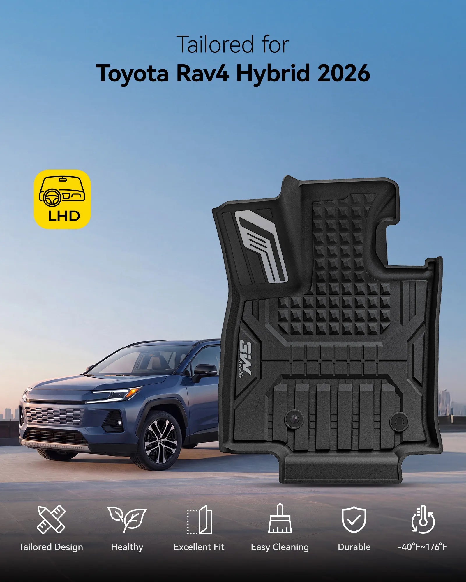 3W Floor Mats for Toyota RAV4 Hybrid 2026 TPE All-Weather Custom Fit All Weather TPE Custom Fit Liners & Backrest Mats, Raised Edges Trap Water & Dirt, Perfect All-season Protection, Black, Car Accessories