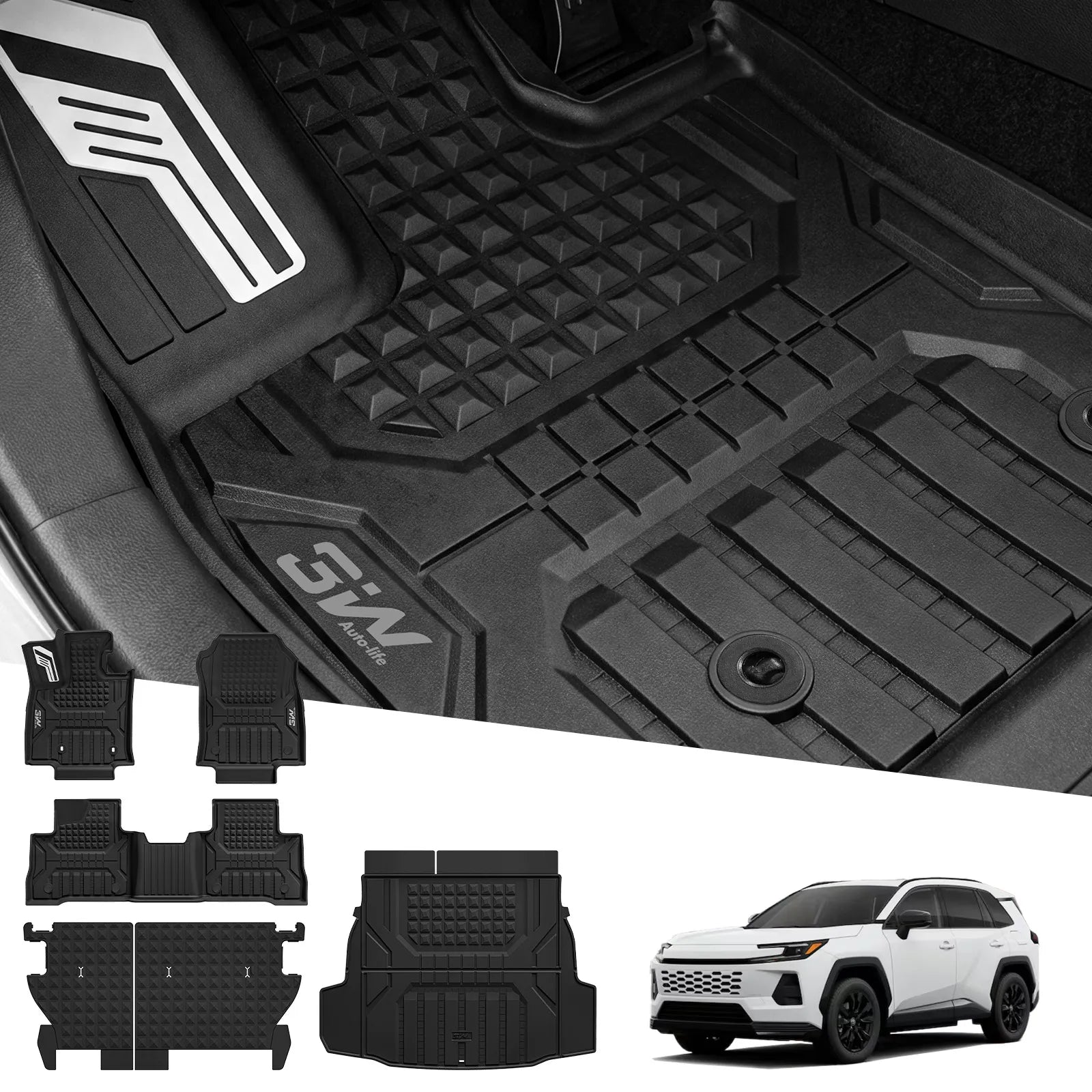 3W Floor Mats for Toyota RAV4 Hybrid 2026 TPE All-Weather Custom Fit All Weather TPE Custom Fit Liners & Backrest Mats, Raised Edges Trap Water & Dirt, Perfect All-season Protection, Black, Car Accessories