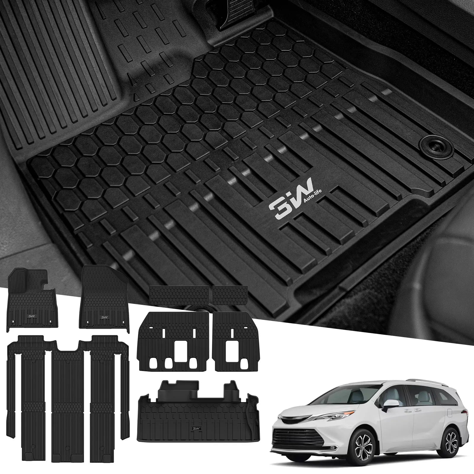 3W Floor Mats & Trunk Mat& Backrest Mats for Toyota Sienna 2021-2026 (Only for 7 Seat), TPE All Weather Custom Fit Floor Liner for Sienna 1st, 2nd and 3rd Row and Cargo Mat, Black, Car Accessories