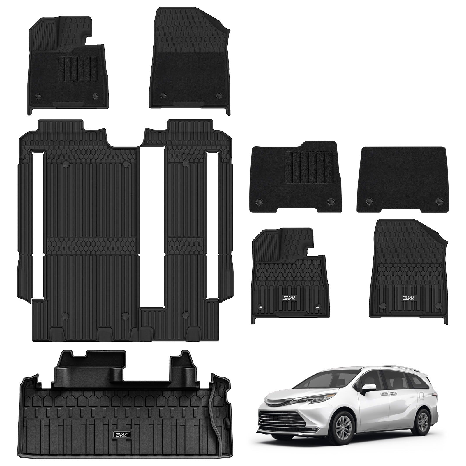 3W Toyota Sienna 8 Seat 2021-2026 Custom Floor Mats with Front Double Layer Carpet & Trunk Mat TPE Material All-Weather Protection Vehicles & Parts 3Wliners