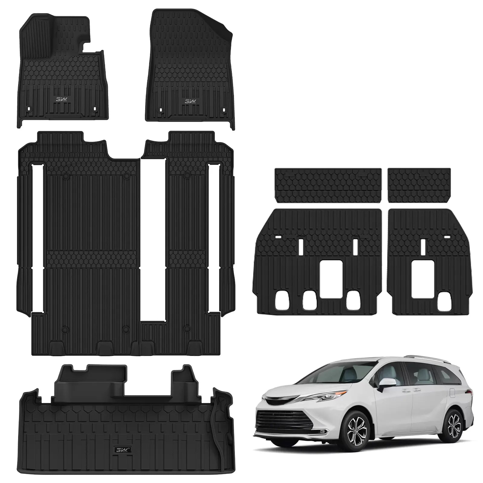 3W Floor Mats & Trunk Mat& Backrest Mats for Toyota Sienna 2021-2026 LE/XLE(Only for 8 Seat), TPE All Weather Custom Fit Floor Liner for Sienna 1st, 2nd and 3rd Row and Cargo Mat, Black, Car Accessories