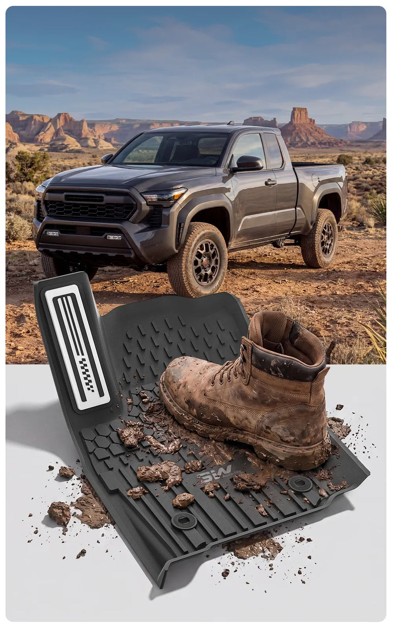 3W Floor Mats for Toyota Tacoma 2024 2025 2026 Double Cab Auto Tran(Not Fit Hybrid & XtraCab), TPE All Weather Custom Fit Floor Liner for Tacoma TRD/SR/SR5/limited Car Liners