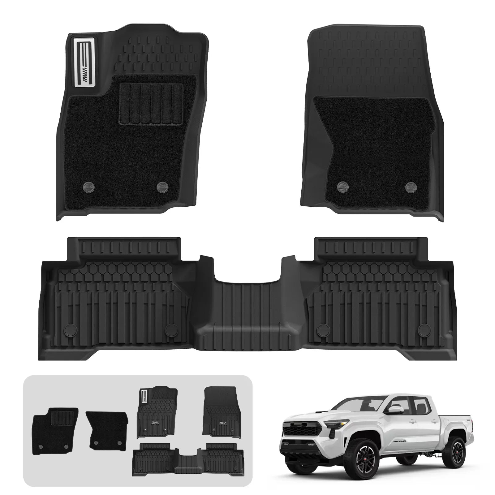 3W Floor Mats&Carpet for Toyota Tacoma 2024-2026 Double Cab Auto Tran(Not Fit Hybrid & XtraCab) with Metal Pedals, TPE All Weather Custom Fit Floor Liner for Tacoma TRD/SR/SR5/limited Car Liners.