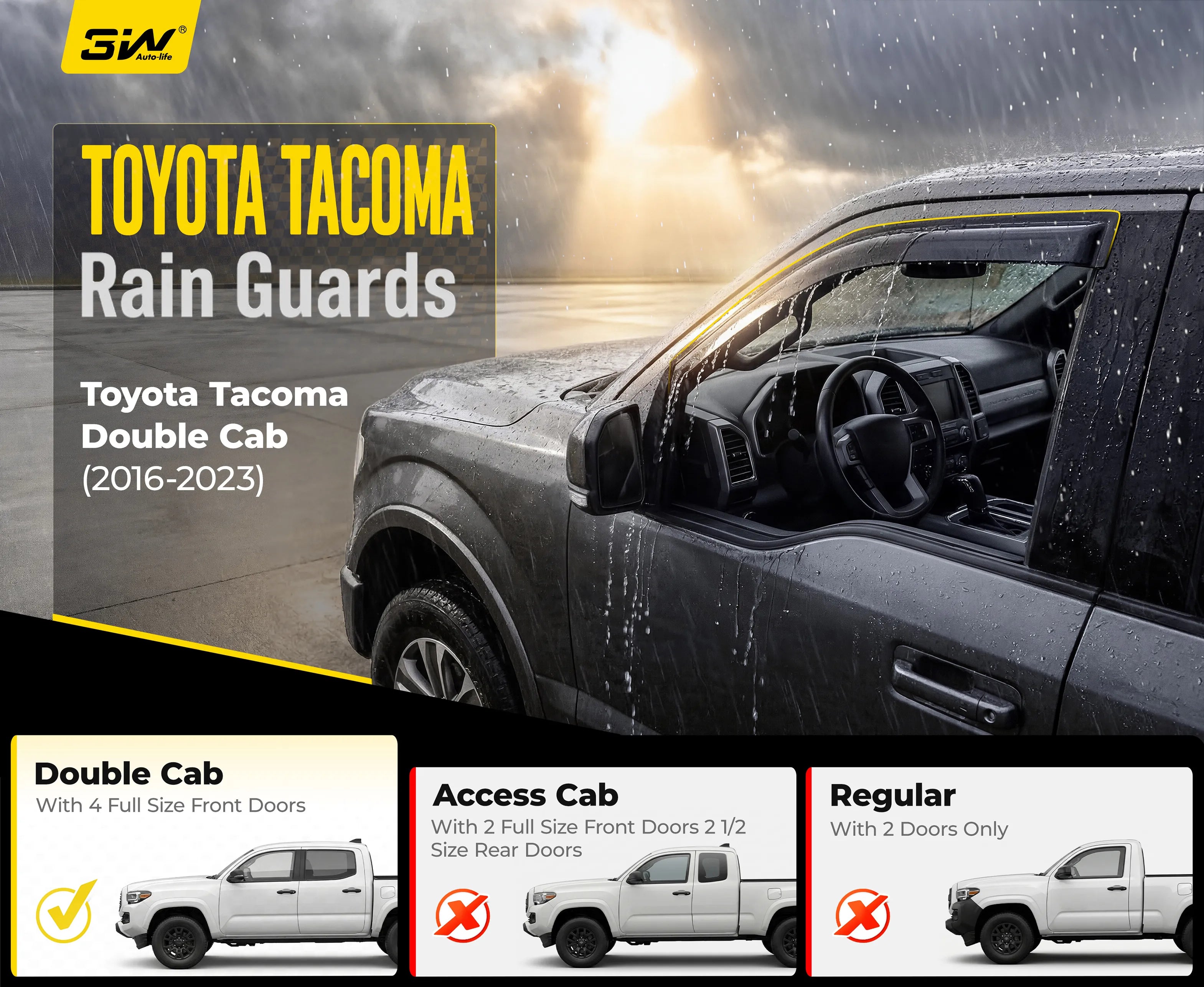 3W Custom Rain Guards for Toyota Tacoma Double Cab 2016-2023 Tape-on Side Window Wind Deflecotr 4PCS - 3Wliners