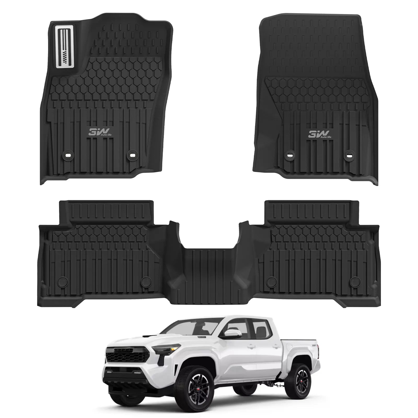3W Floor Mats Fit for Toyota Tacoma Hybrid 2024 2025 2026 with Metal Pedals, TPE All Weather Custom Fit Floor Liner for Tacoma Accessories 1st and 2nd Row Full Set Car Mats Easy Clean, Black