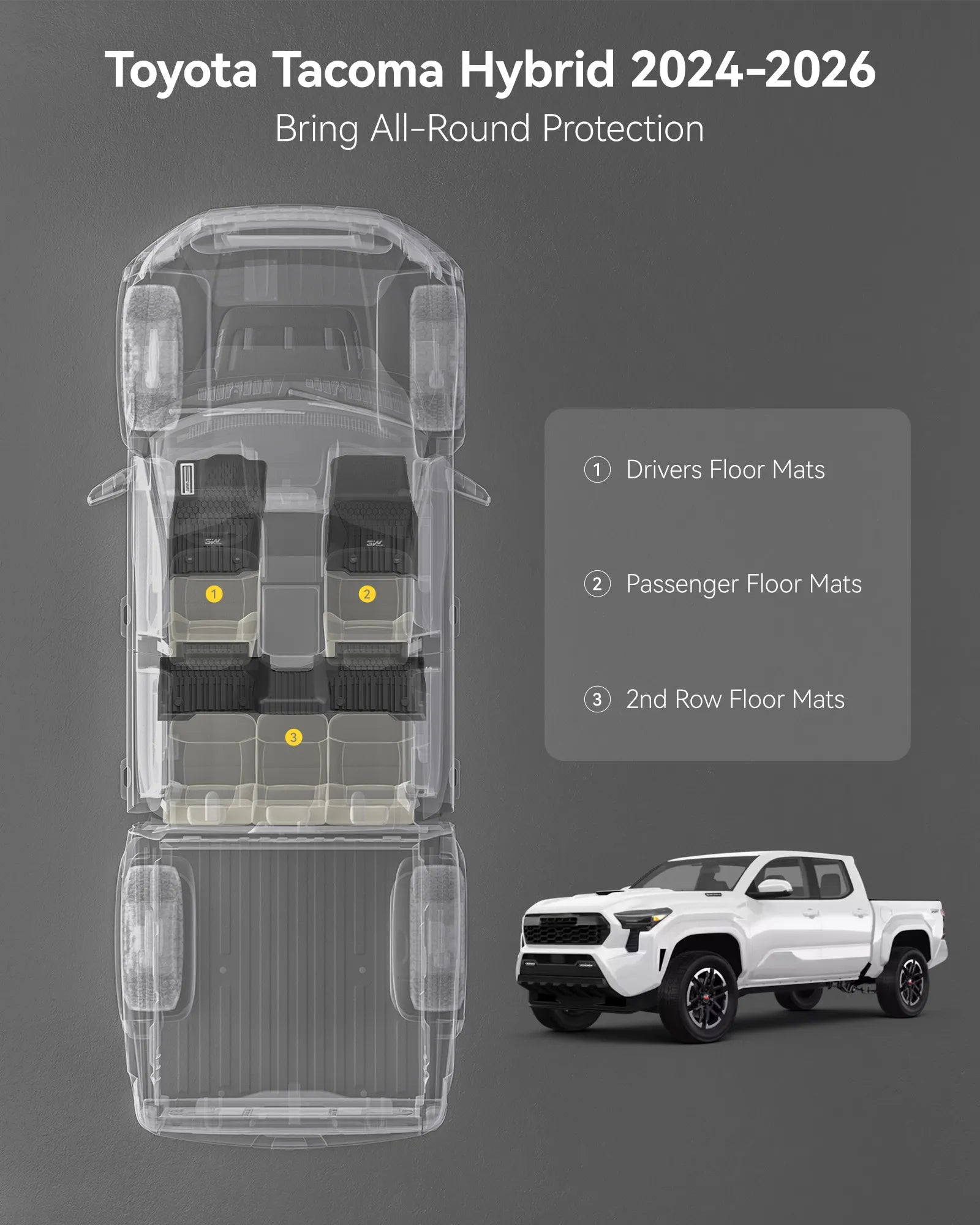 3W Floor Mats Fit for Toyota Tacoma Hybrid 2024 2025 2026 with Metal Pedals, TPE All Weather Custom Fit Floor Liner for Tacoma Accessories 1st and 2nd Row Full Set Car Mats Easy Clean, Black