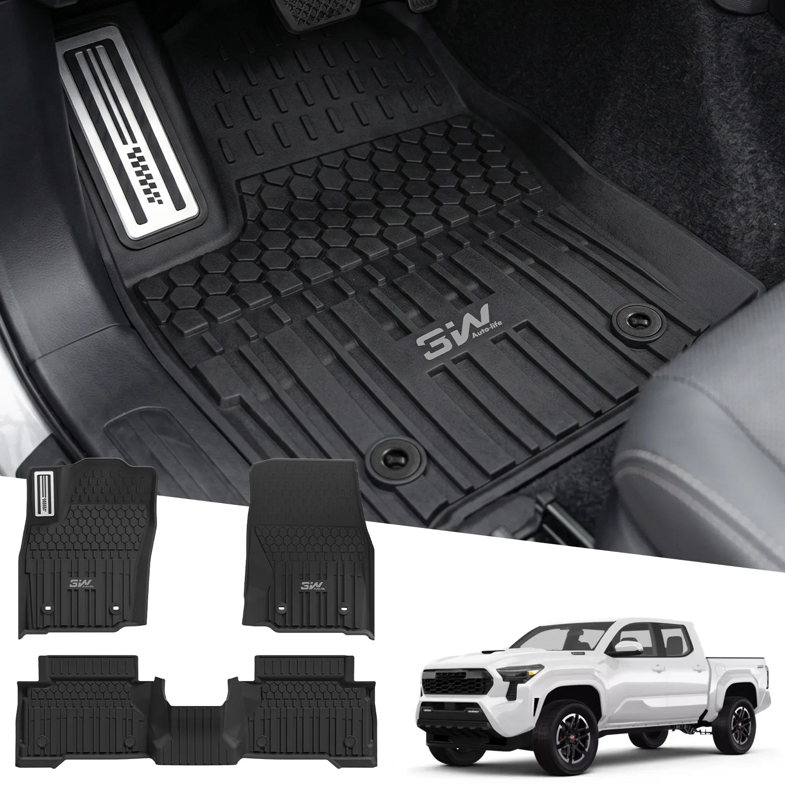 3W Floor Mats Fit for Toyota Tacoma Hybrid 2024 2025 2026 with Metal Pedals, TPE All Weather Custom Fit Floor Liner for Tacoma Accessories 1st and 2nd Row Full Set Car Mats Easy Clean, Black
