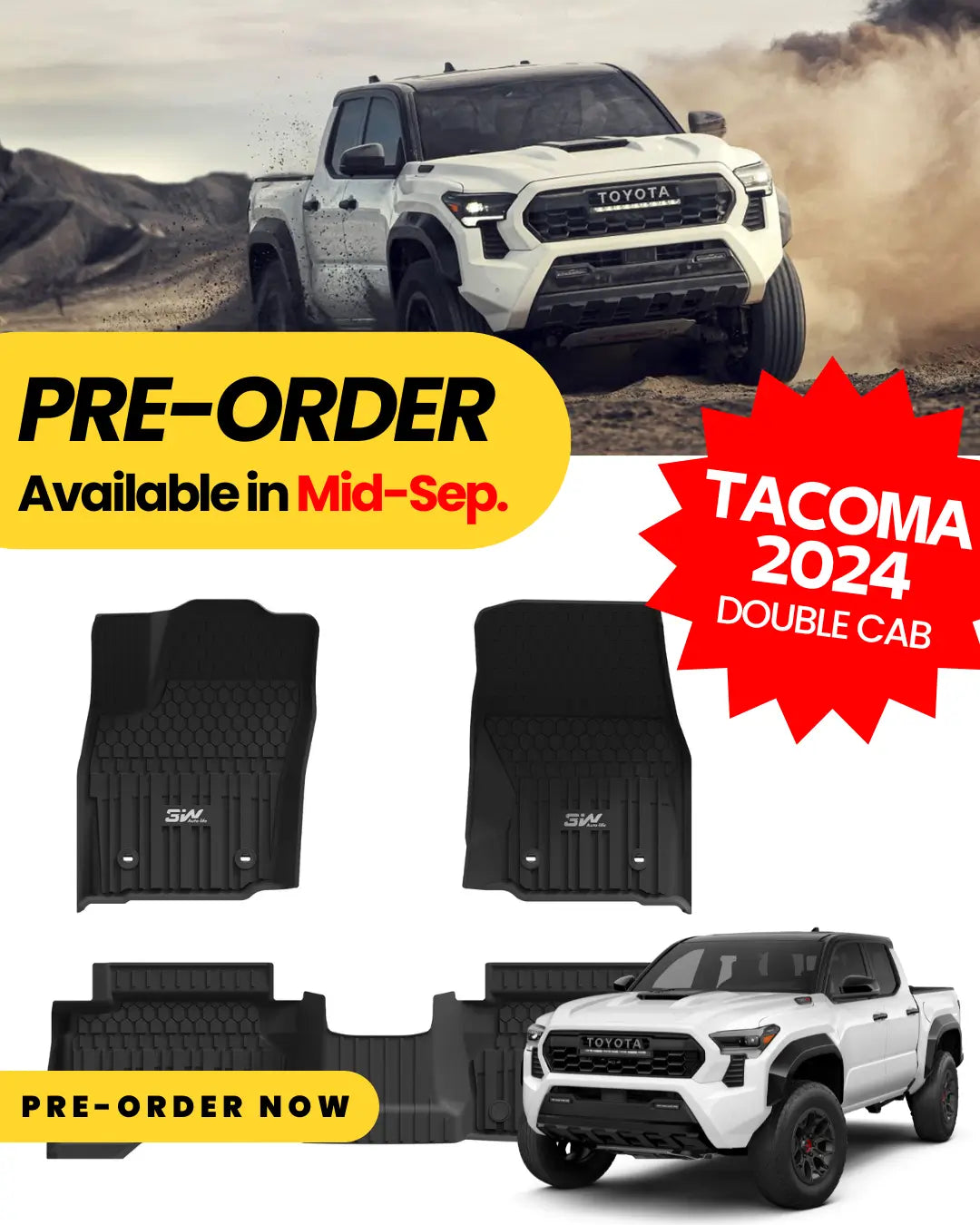 Preorder-3W Toyota Tacoma 2024 (Double Cab, Automatic Transmission) Floor Mats TPE All Weather Custom Fit  3Wliners   