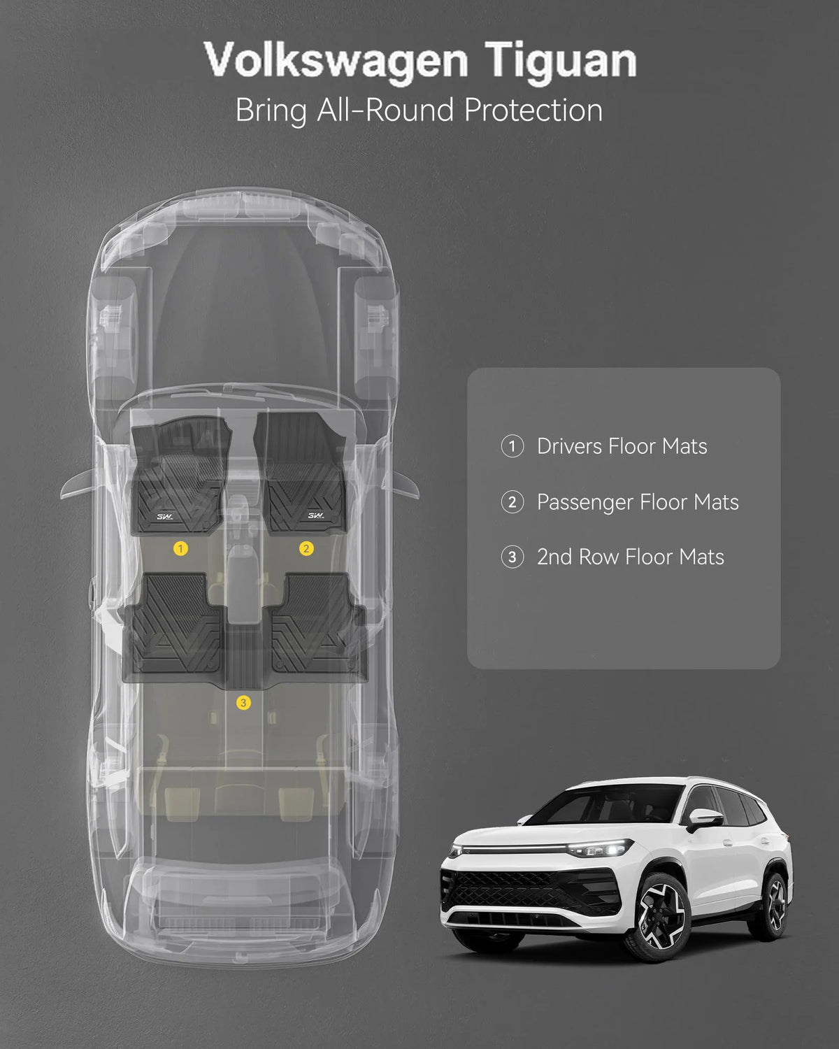 3W Floor Mats for Volkswagen Tiguan 2025 2026, All-Weather Protection TPE Car Mats 2 Rows VW Tiguan Accessories, Black